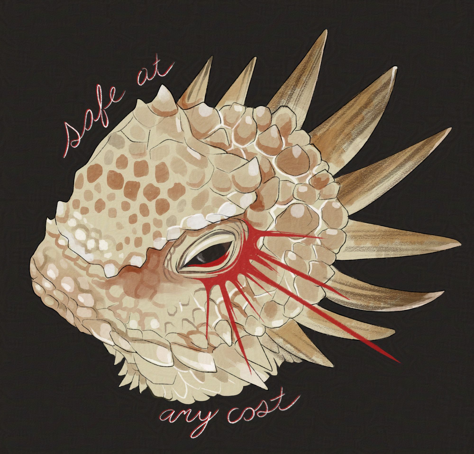 Digital art of the face of a Regal Horned Lizard, a reptile covered in spikes pointing outward like sunbeams. Around its eye are abstract red lines representing the blood this reptile can shoot from its eyes to scare off predators. Text above and below the face reads "safe at any cost."