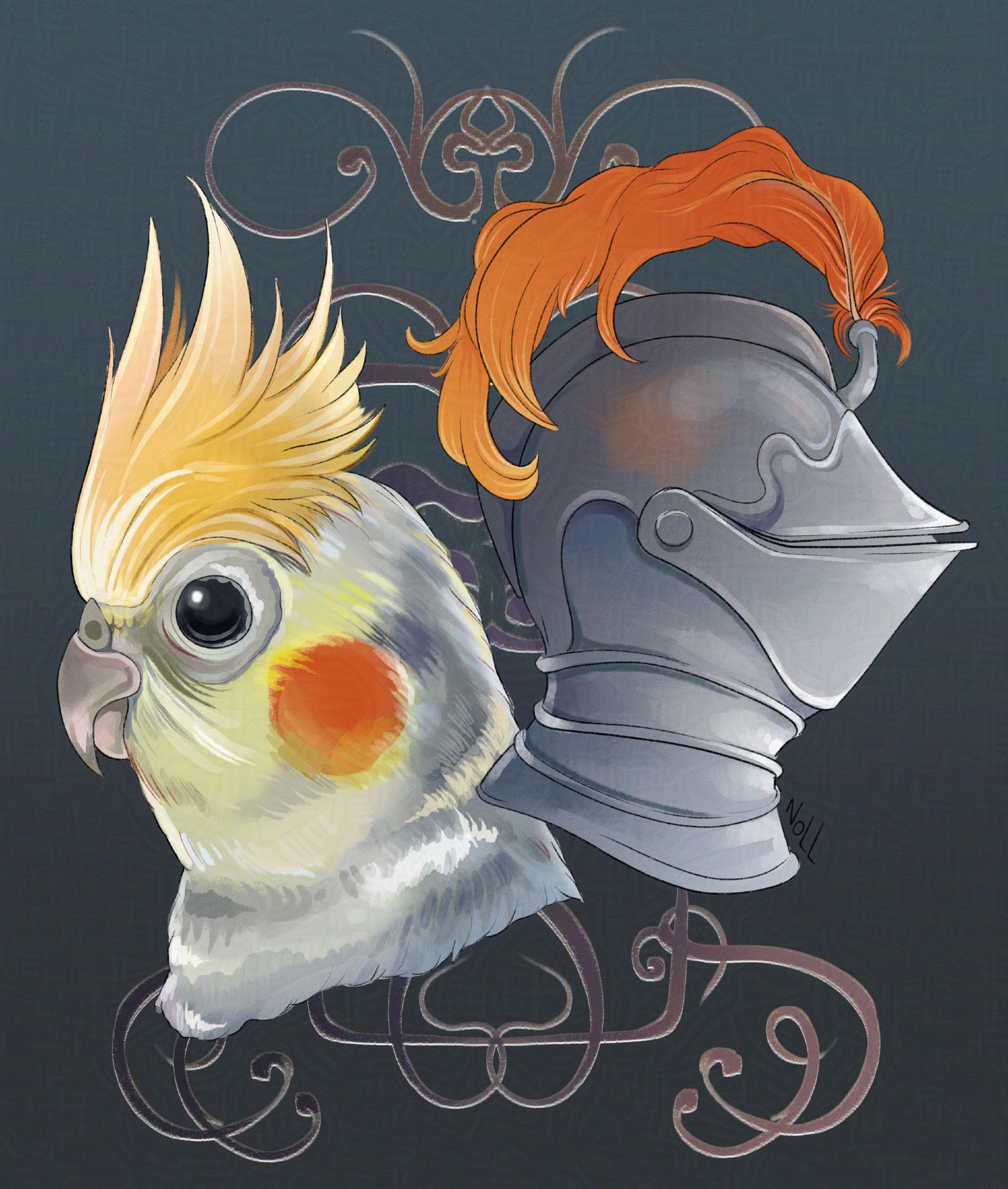 Digital art of a cockatiel's head and face next to a fancy knight helmet with a bright orange feather decoration. In the background is a metallic yet dingy filigree pattern.