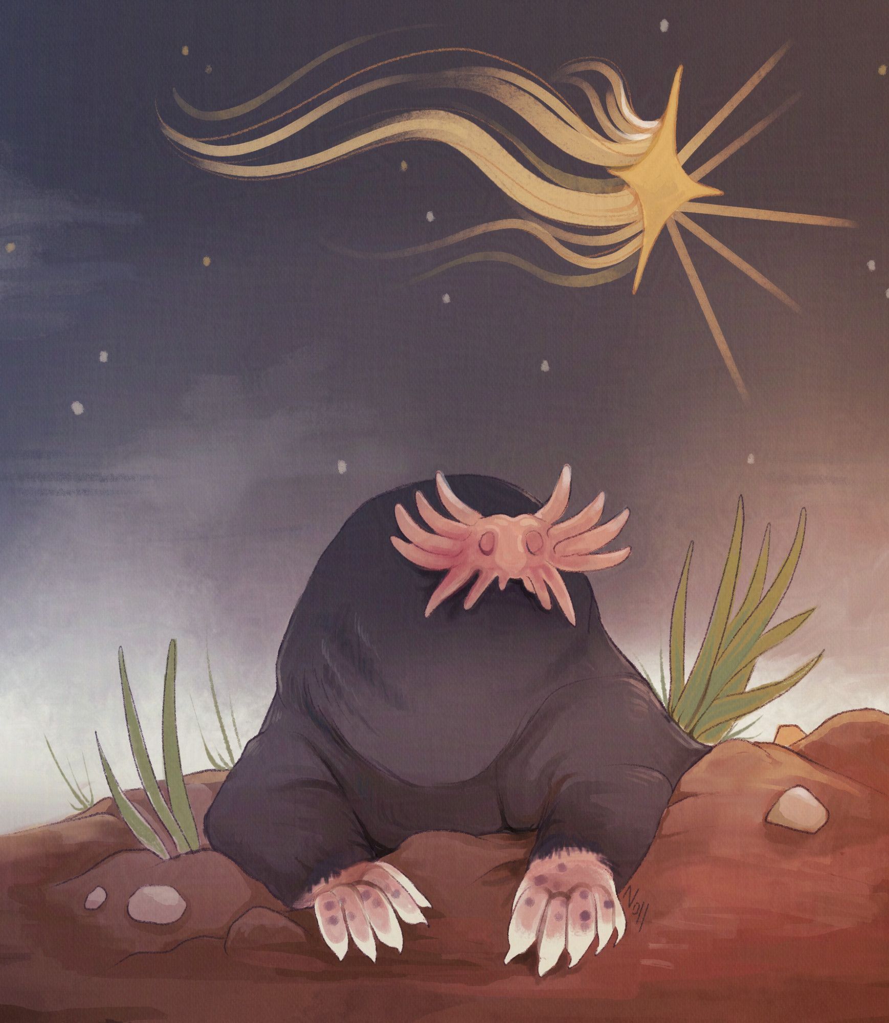 Digital art of a star-nosed mole coming up from a hole in the dirt, under a starry sky with a giant shooting star.