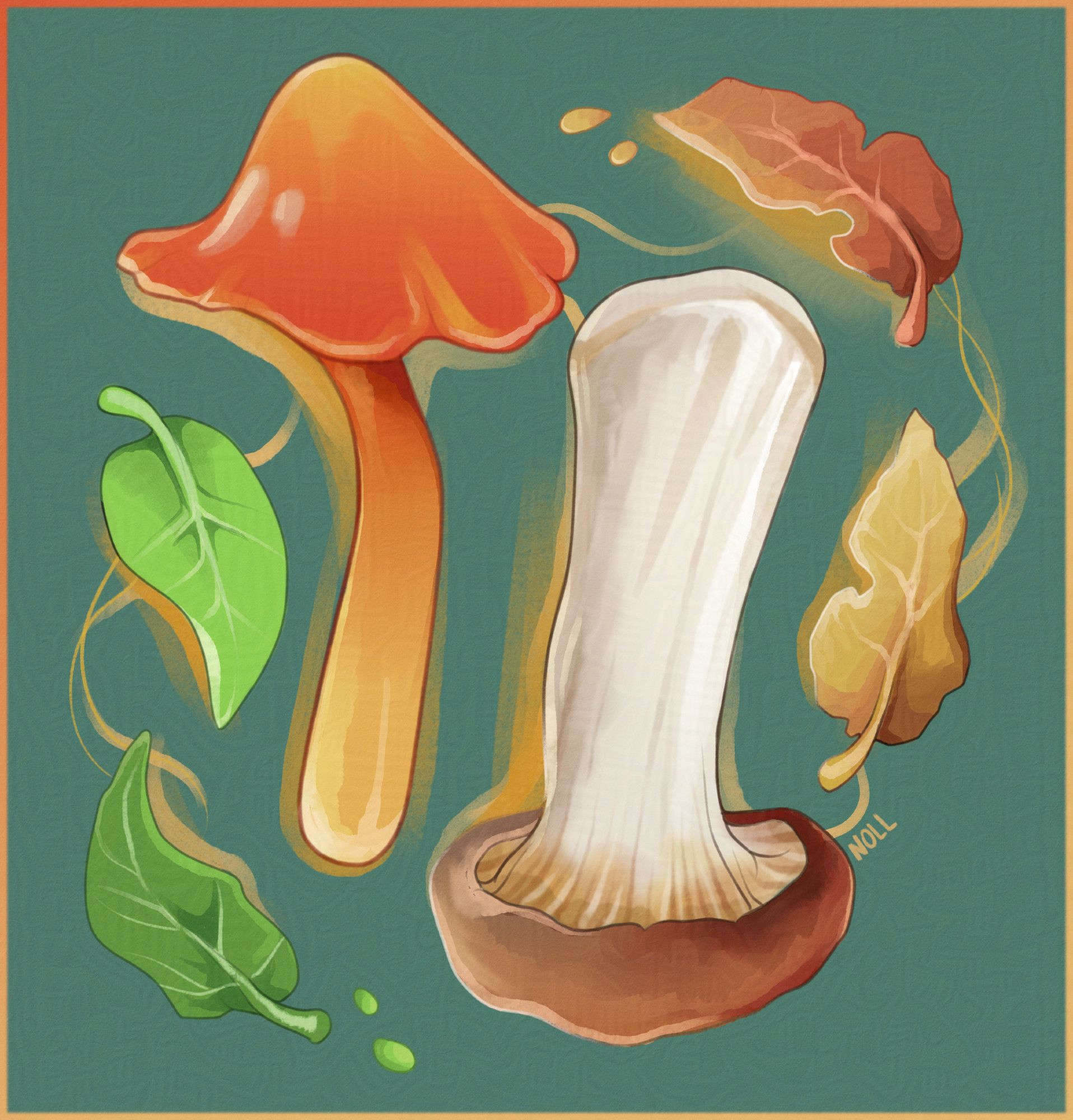 Digital art of two mushrooms, an orange waxy cap and a brown bolete type, surrounded by golden light smears and leaves both green and in colorful autumn shades.