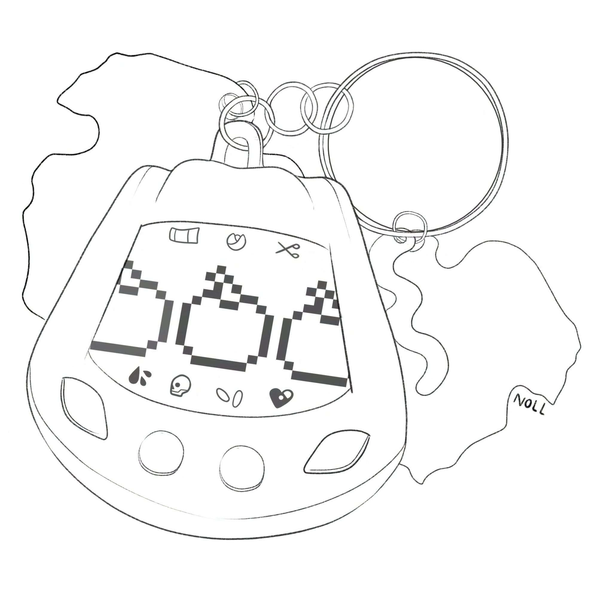 Digital art of a Tamagotchi shaped like a stylized pumpkin, with four buttons, two of which are shaped like leaves. The key ring it is on also has a charm shaped like a bit of vine and two big pumpkin leaves. This version is just the black and white line art. Onscreen on the pumpkin shell are three pumpkins and little icons for actions you can take with the virtual pet.