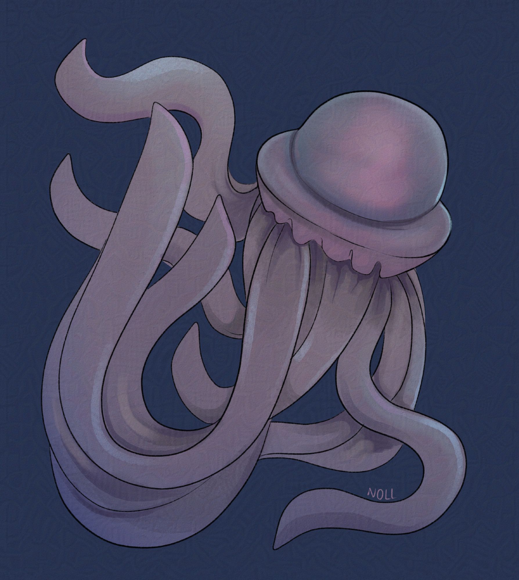 Digital art of a large, purpley grey jellyfish with a head shaped like a hat.