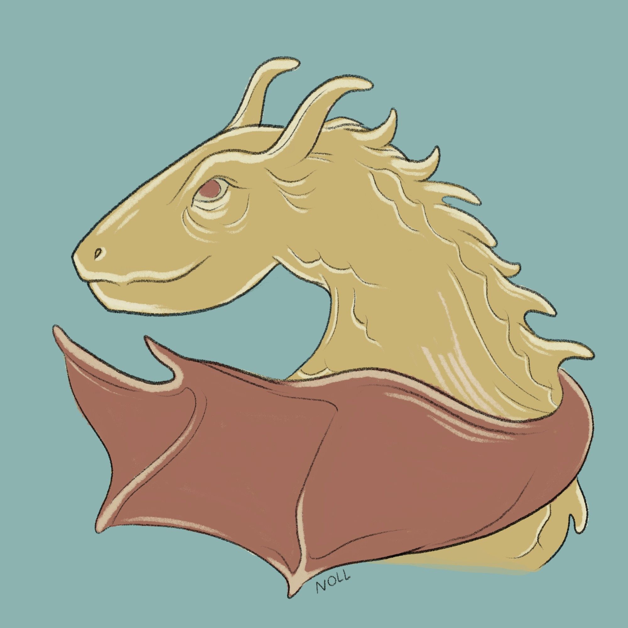 Digital illustration of a gold dragon with a bat-like wing.