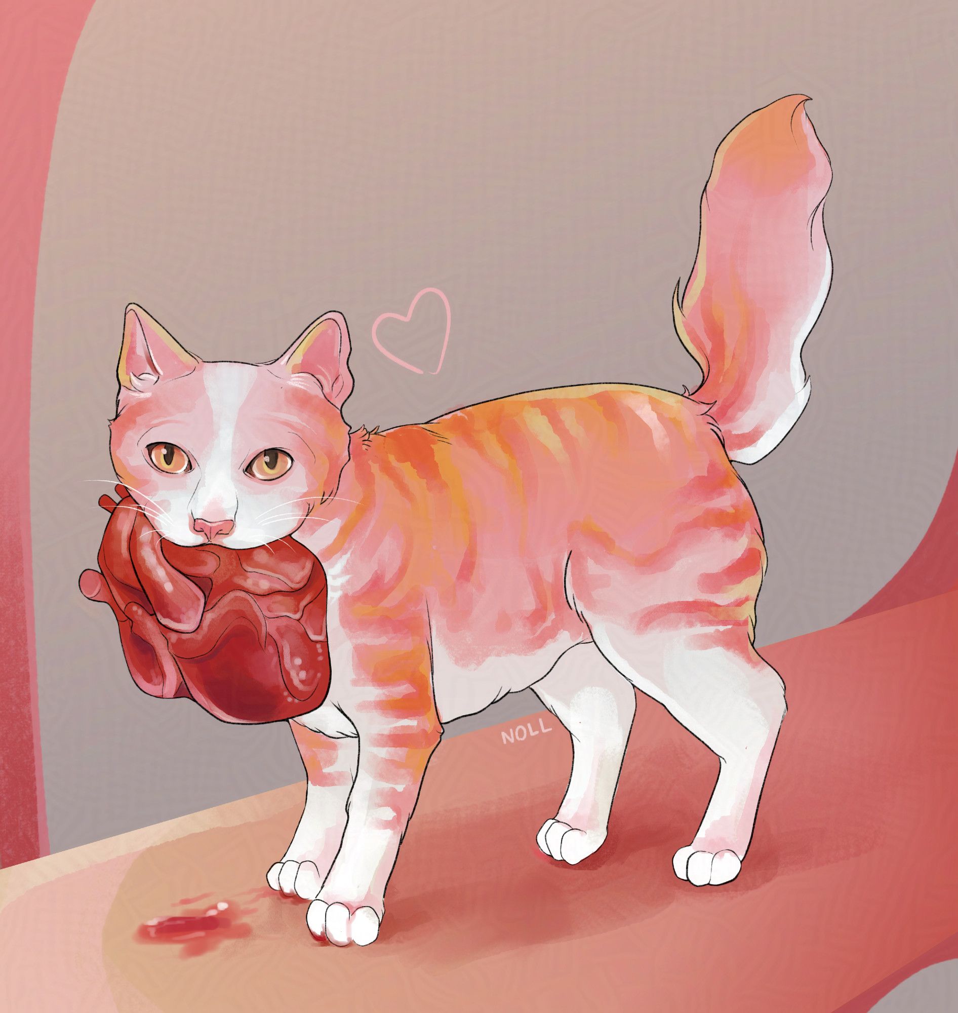 Digital art of a pink tabby cat in a pink tree holding a bright red human heart in its mouth.