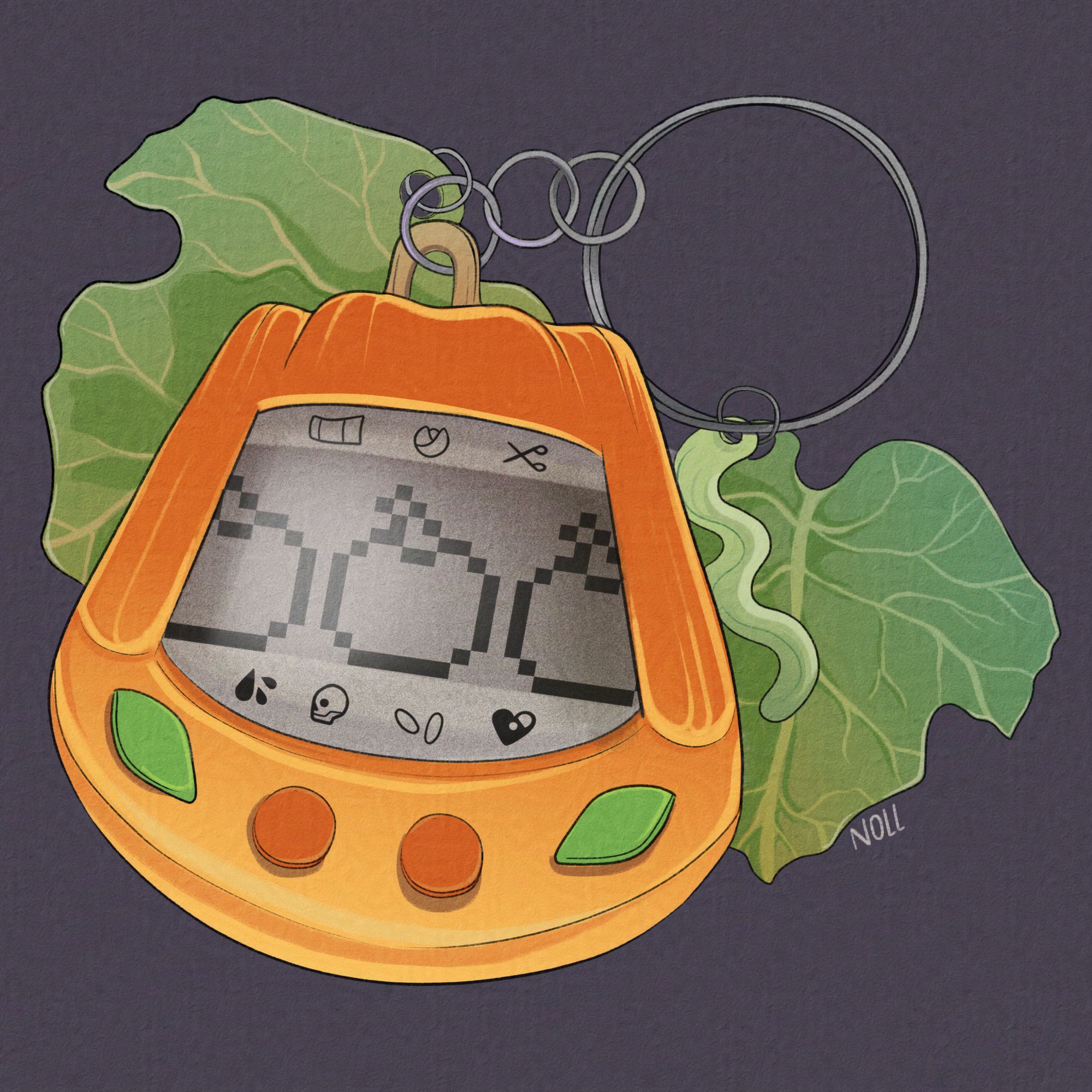 Digital art of a Tamagotchi shaped like a stylized pumpkin, with four buttons, two of which are shaped like leaves. The key ring it is on also has a charm shaped like a bit of vine and two big pumpkin leaves. This version is in color. Onscreen on the pumpkin shell are three pumpkins and little icons for actions you can take with the virtual pet.