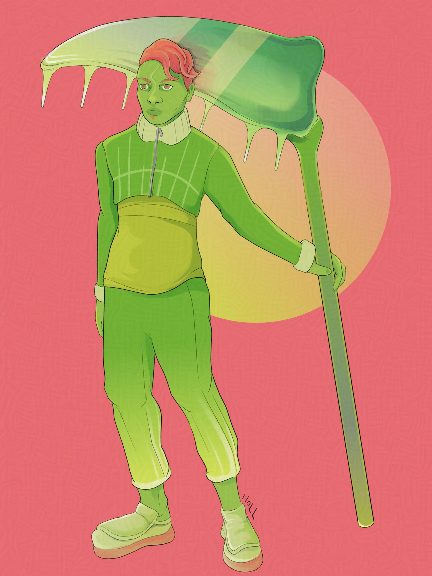 Digital art of a young man with short pink hair and green skin holding a scythe made out of some sort of shiny, solid resin in shades of green that resembles a spiked venus fly trap lobe. On his face is a zig zag scar, or is it where his face would open like a venus fly trap too?