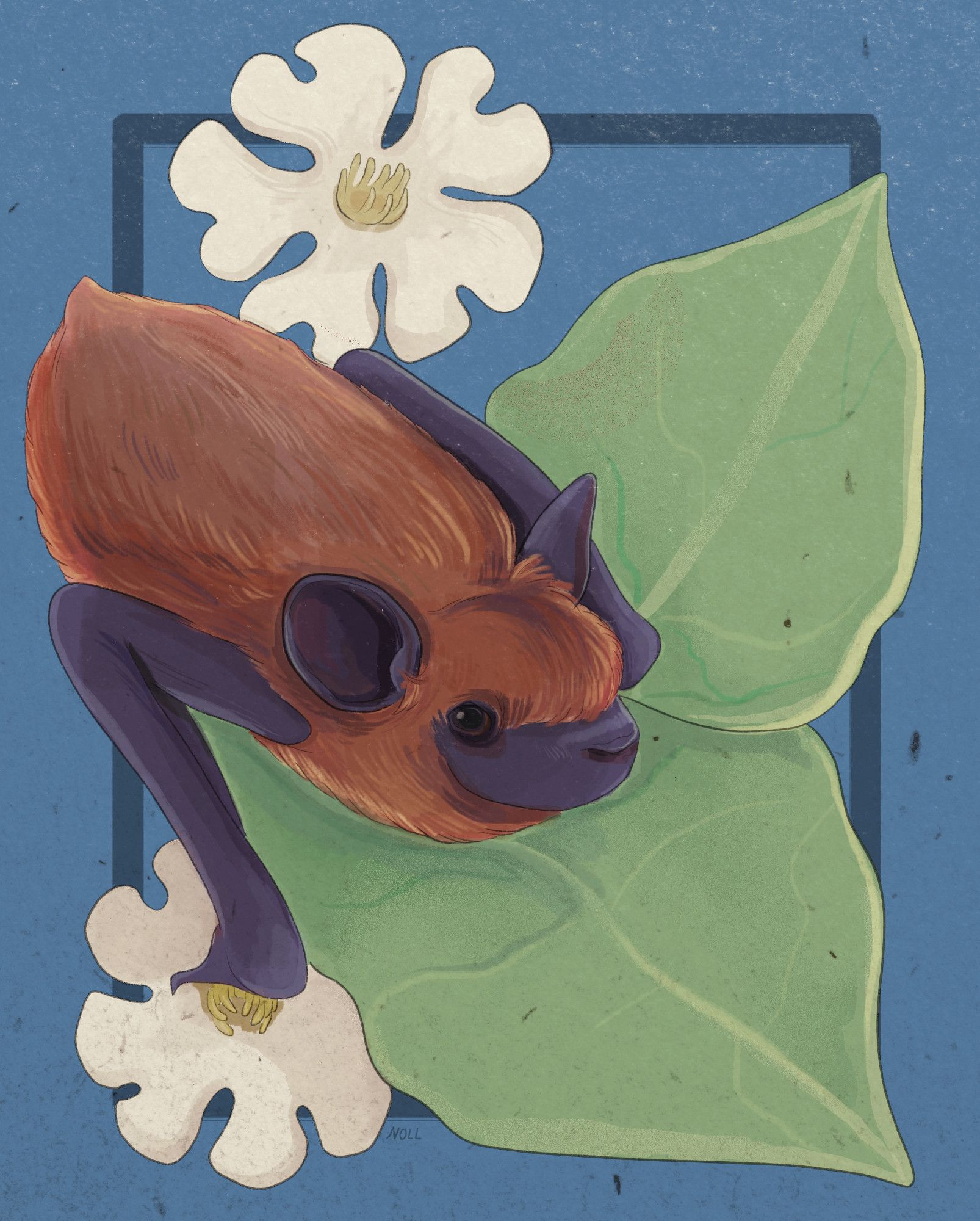 Digital art of a brown bat resting on two large leaves with two white flowers nearby.