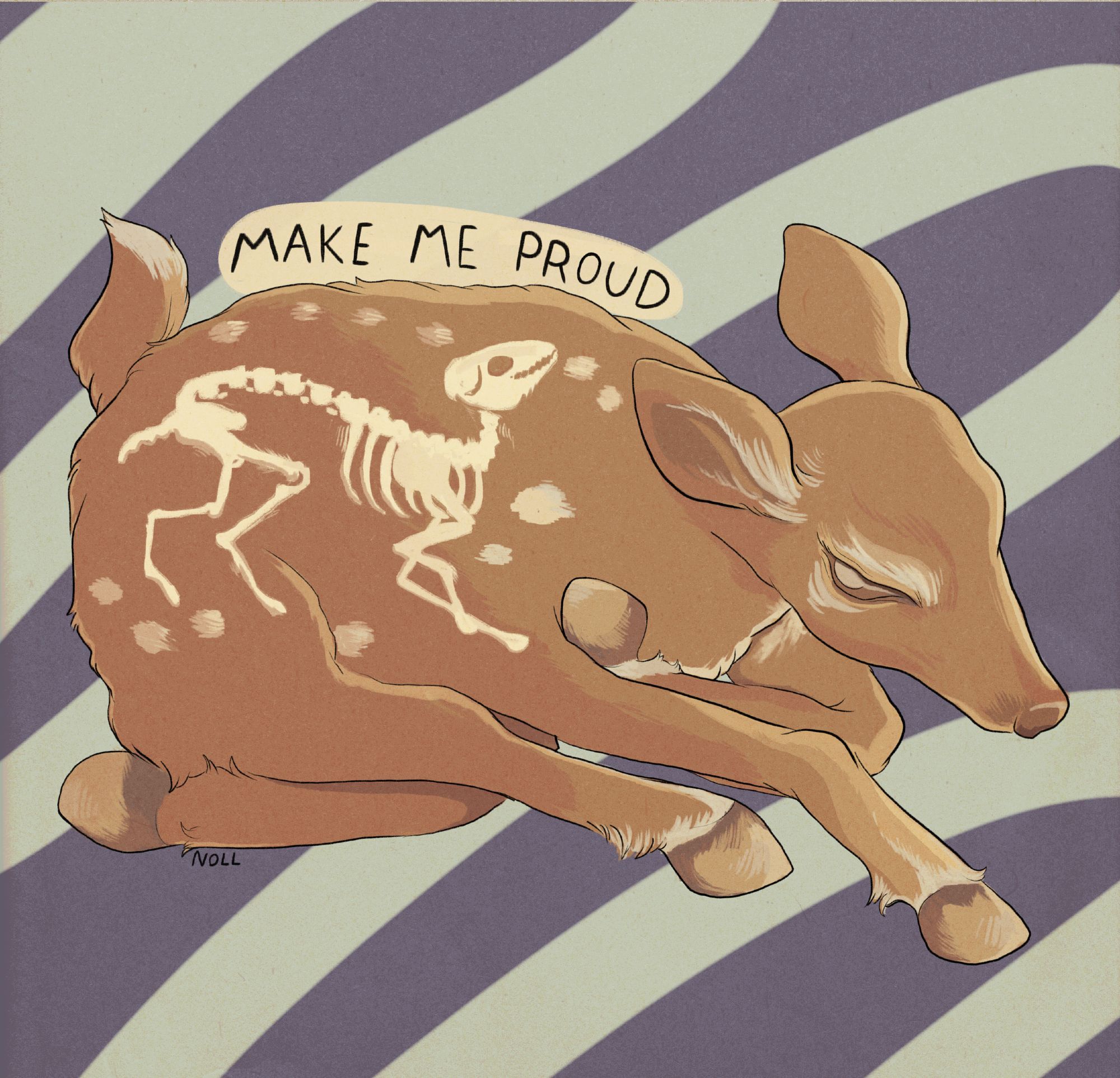 Digital art of a baby deer. The pattern of spots on its side converges to outline the shape of a fossil, an ancient ancestor of modern deer. Above the deer is written “Make me proud.”