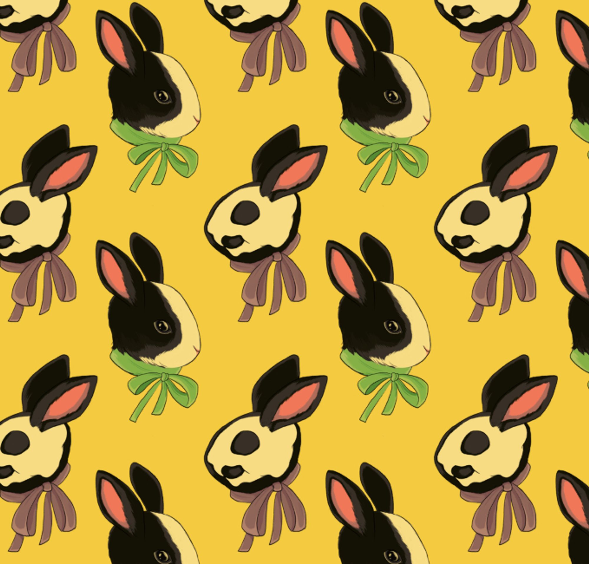 A repeating pattern of black and white rabbit heads, some with cartoonish skulls showing, on a bright yellow background.