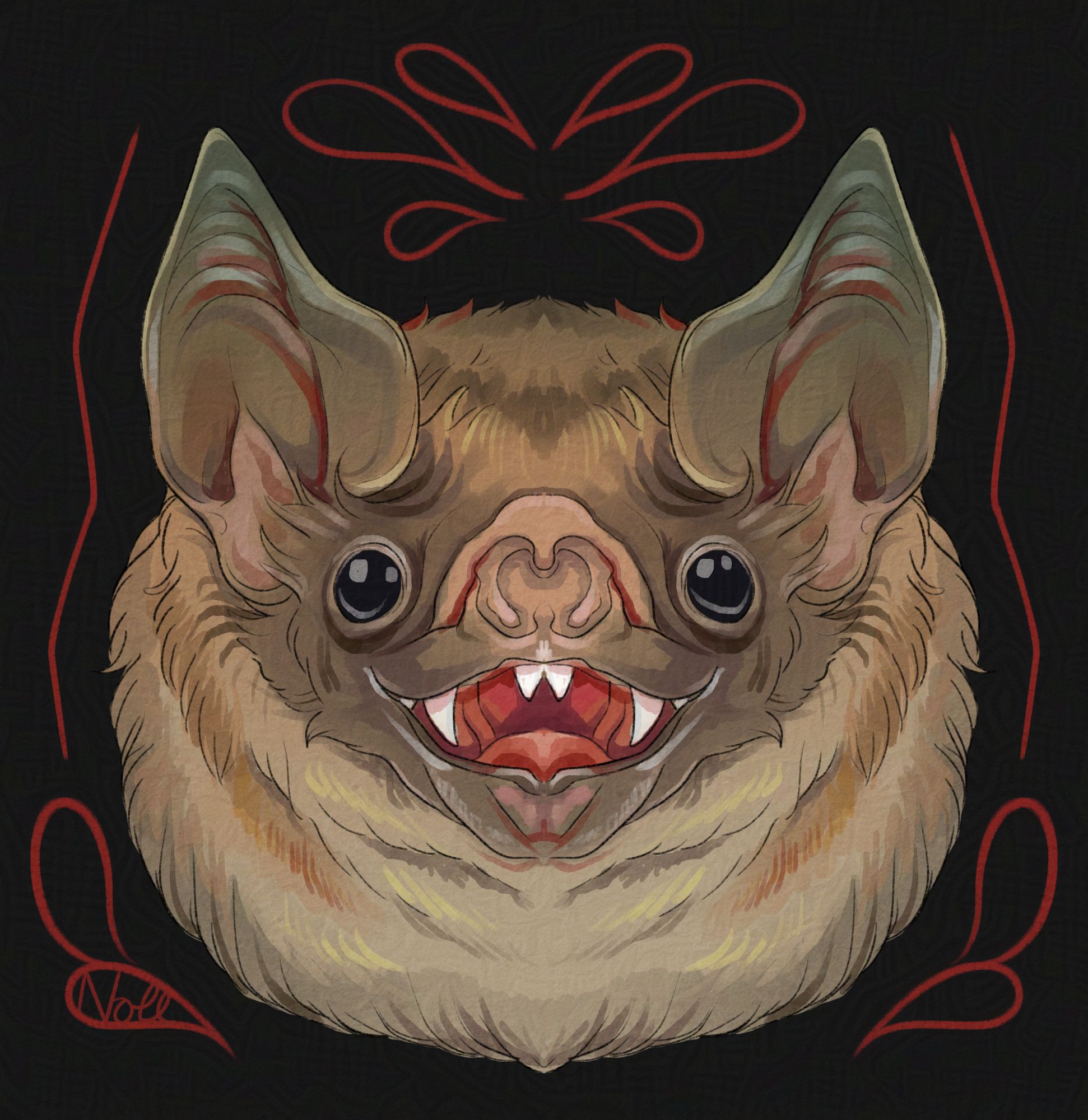 Digital art of a vampire bat's face with open mouth revealing sharp fangs. It looks very enthusiastic in the way vampire bats often do. Above and around it are red designs that resemble drops of blood, on a black background.