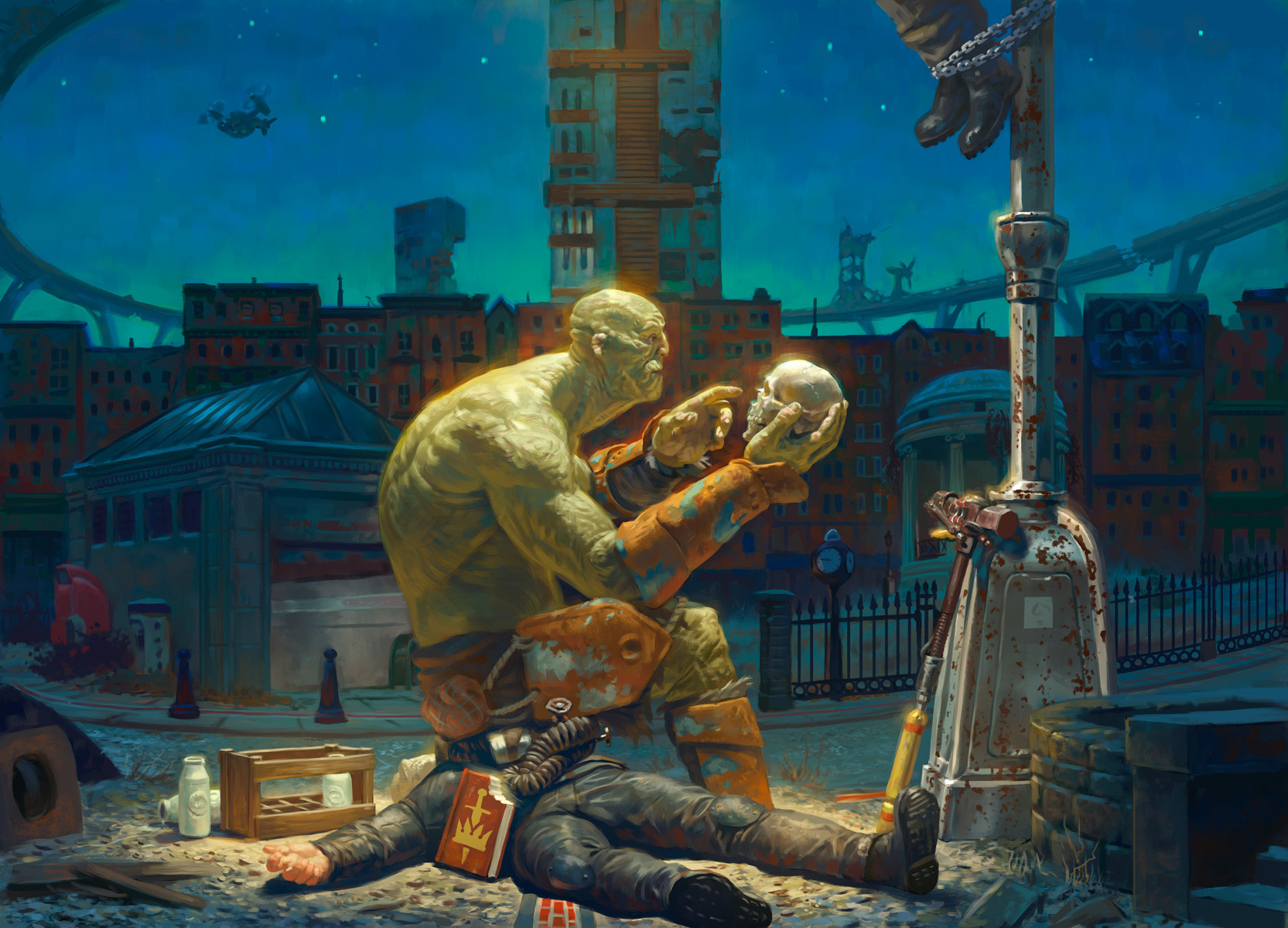 Strong, a hulking green super mutant, sits on a the dead body of a post apocalyptic raider while holding a skull. He is in front of the boston common at bight. His gaze is filled with a yearning to learn. Empty milk bottles are scattered around him.