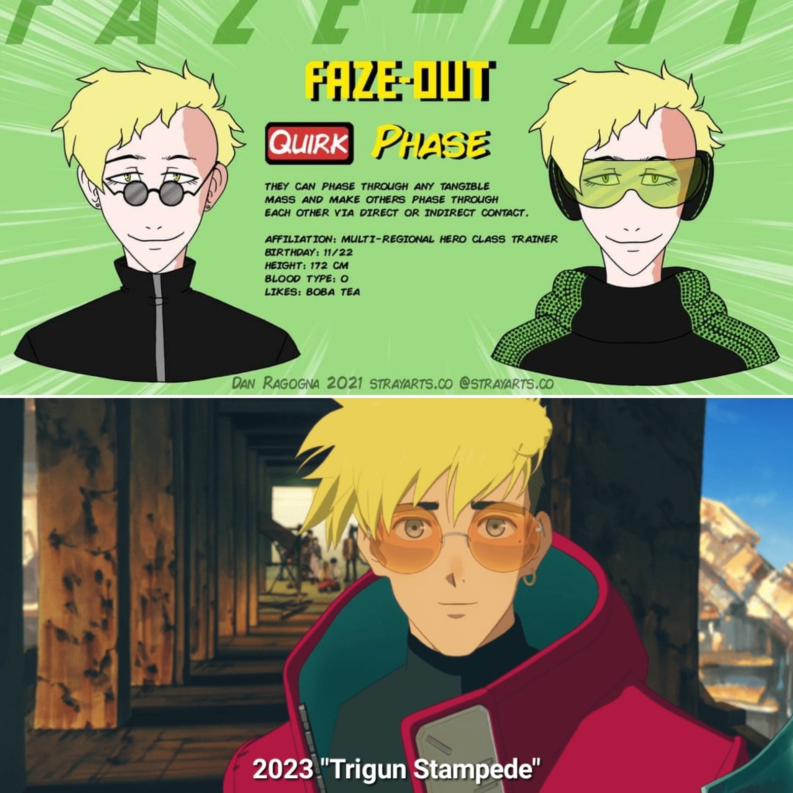 Comparison of my MHA character and 2023 Vash the Stampede. Both characters have short, scruffy blonde hair, pierced ears and round glasses.