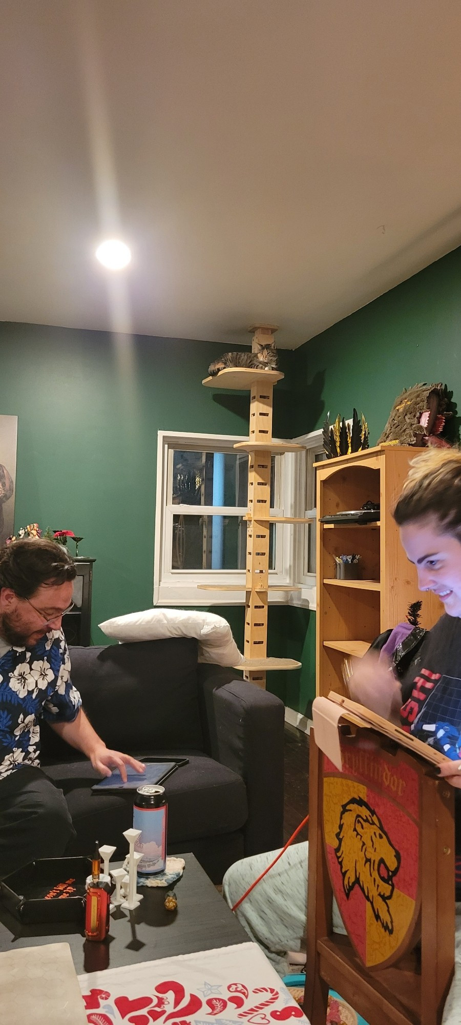 A friend (left) and my wife (right) are checking stats for their DnD characters. Rayla (our 1 yo tabby) watches from her cat tower.