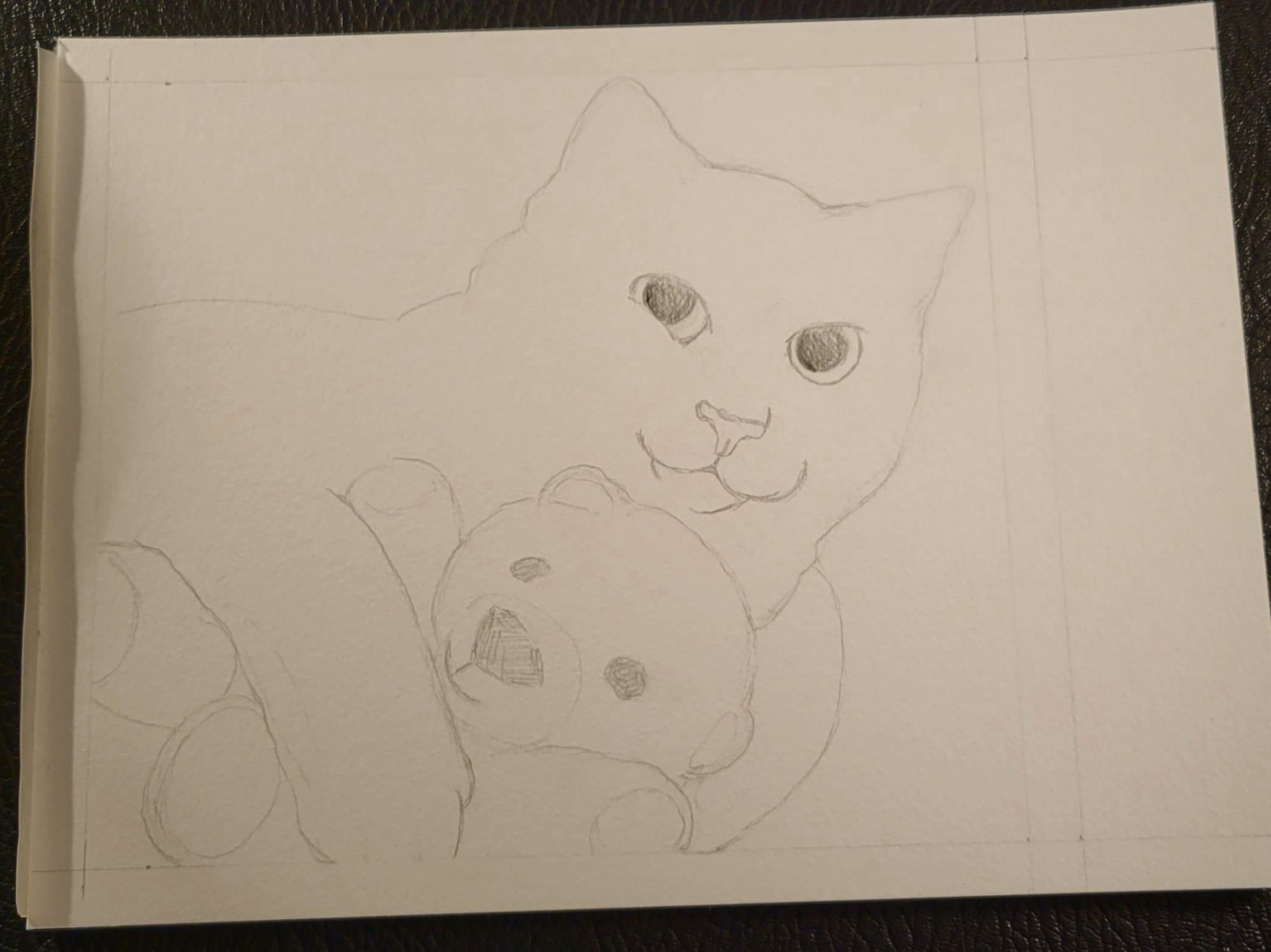 Lineart in pencil of a cat with its paw over a plush bear.