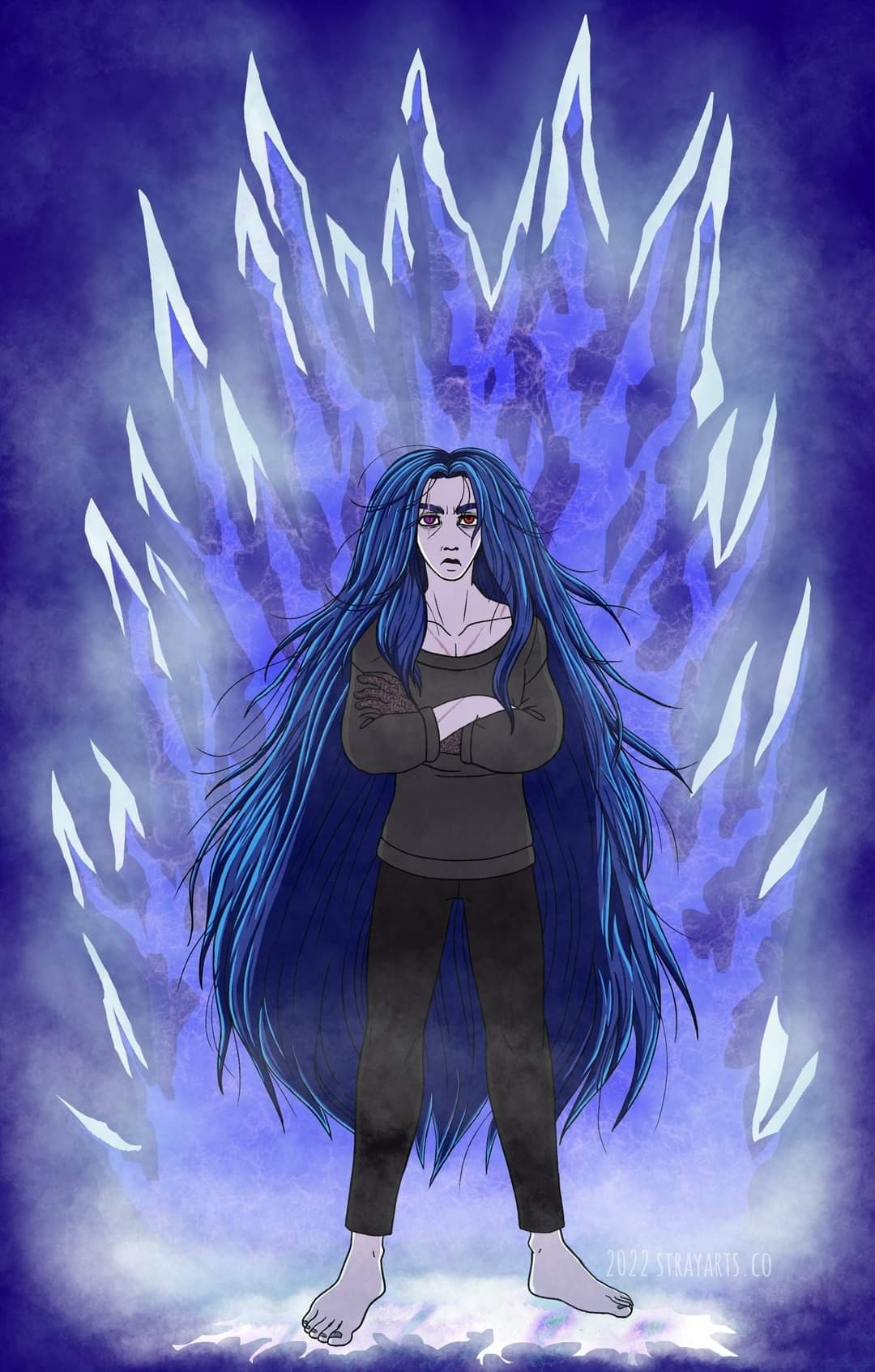 Digital illustration of Doxxod, a white skinned man with calf-length blue hair. Wearing black sweater and pants. He stands with his arms crossed, expression of anger or intimidation. Blue ice shoots up from behind and a fog rests at his bare feet.