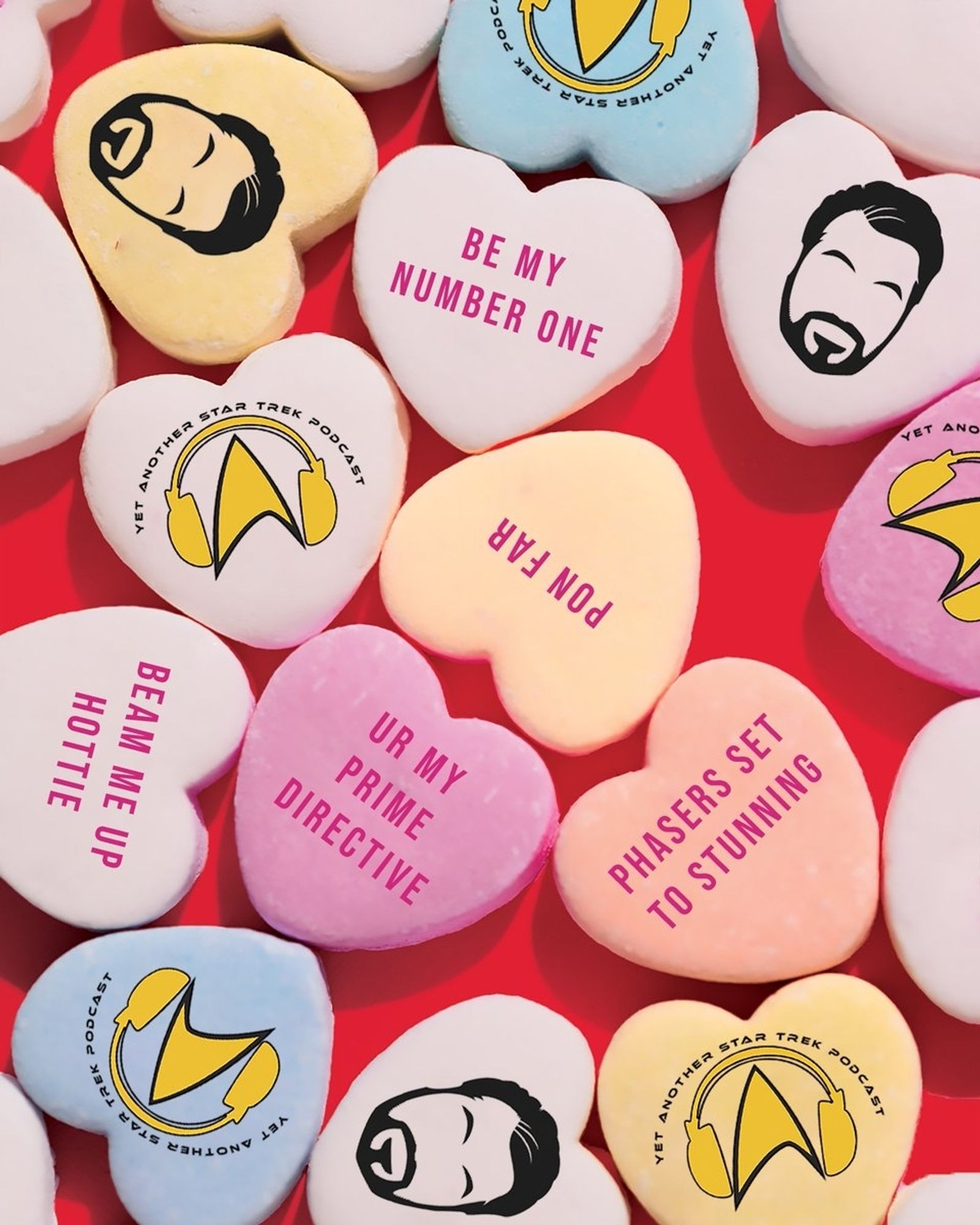 Candy hearts with printed sexy silhouettes of William T. Riker, Valentine Quotes, and the Yet Another Star Trek Podcast logo.