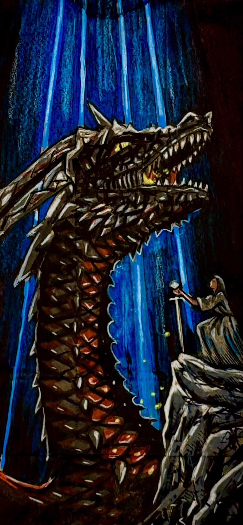 Illustration of the Damsel dragon and Elodie with a sword in a cave