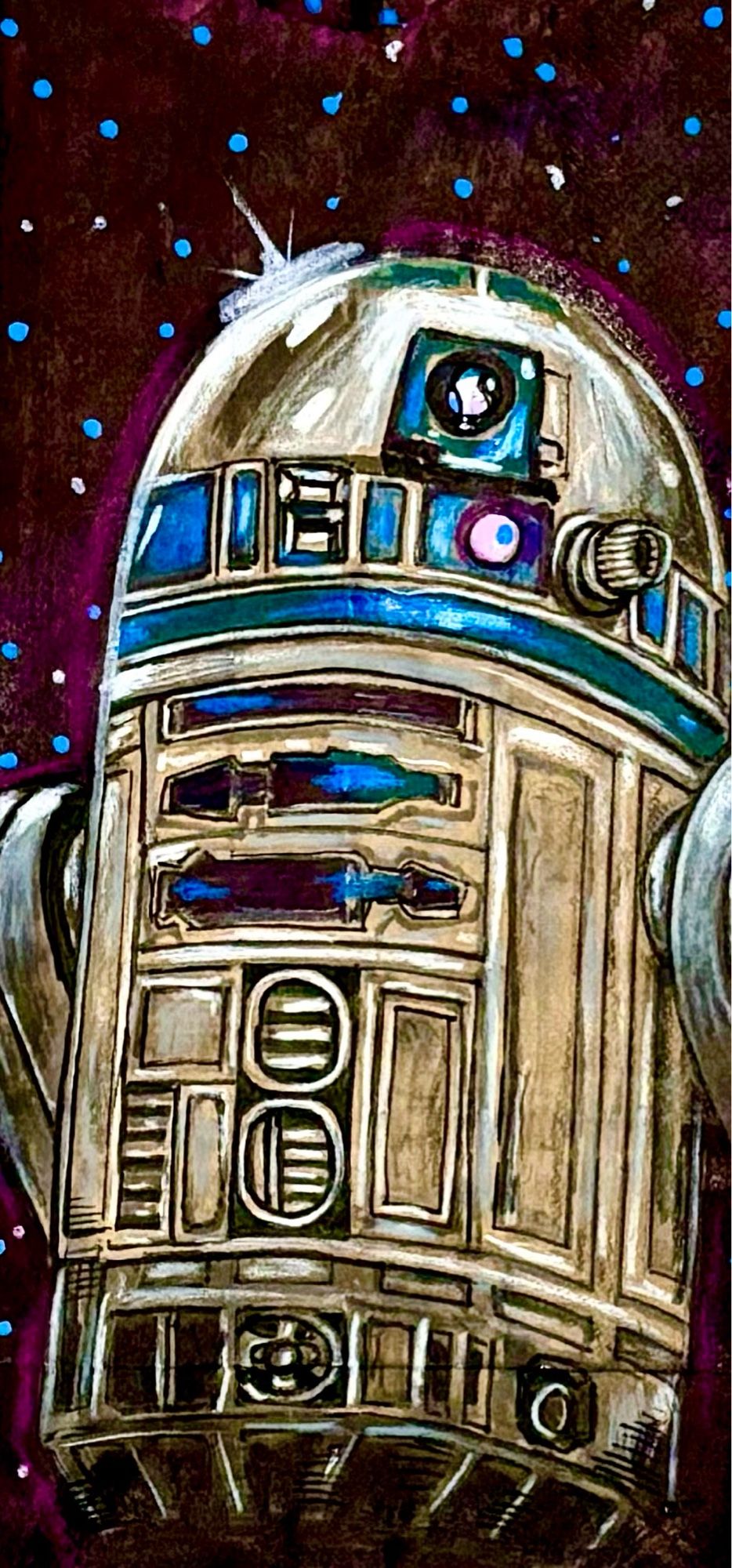 Illustration of R2-D2 in a brown paper bag