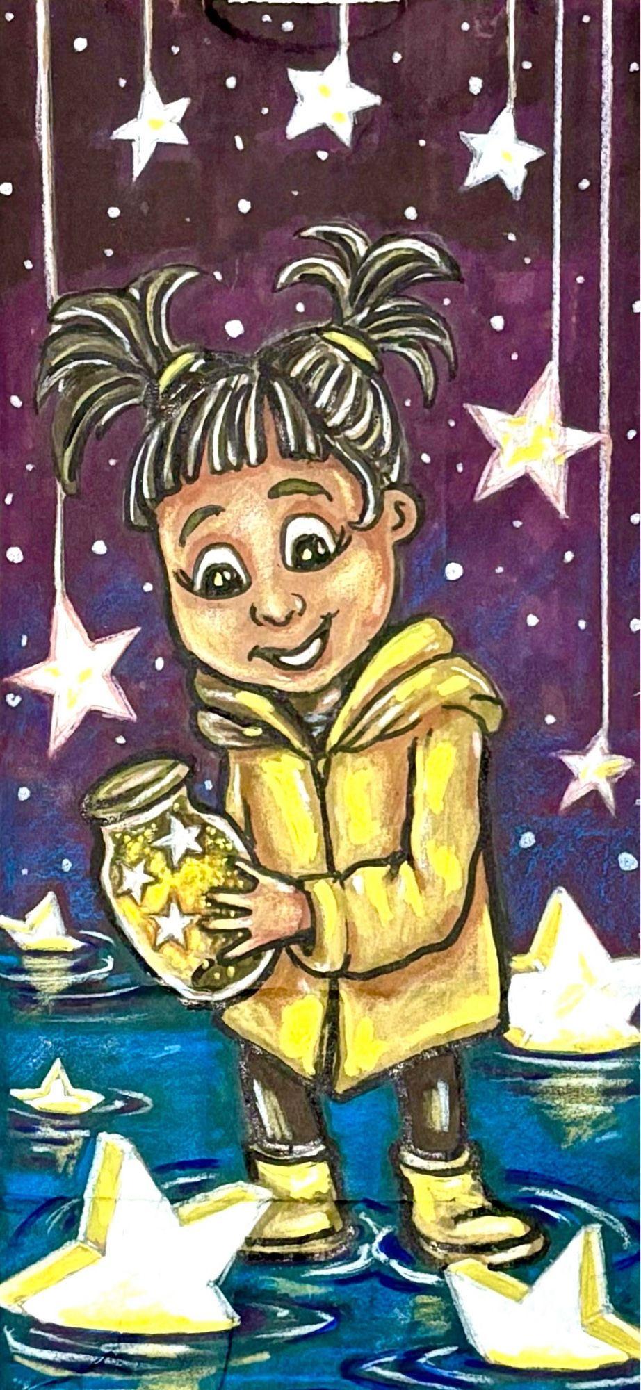 Illustration of a little girl in yellow jacket holding a jar of stats while standing water with floating stars with stars hanging behind her in the background on a brown paper bag