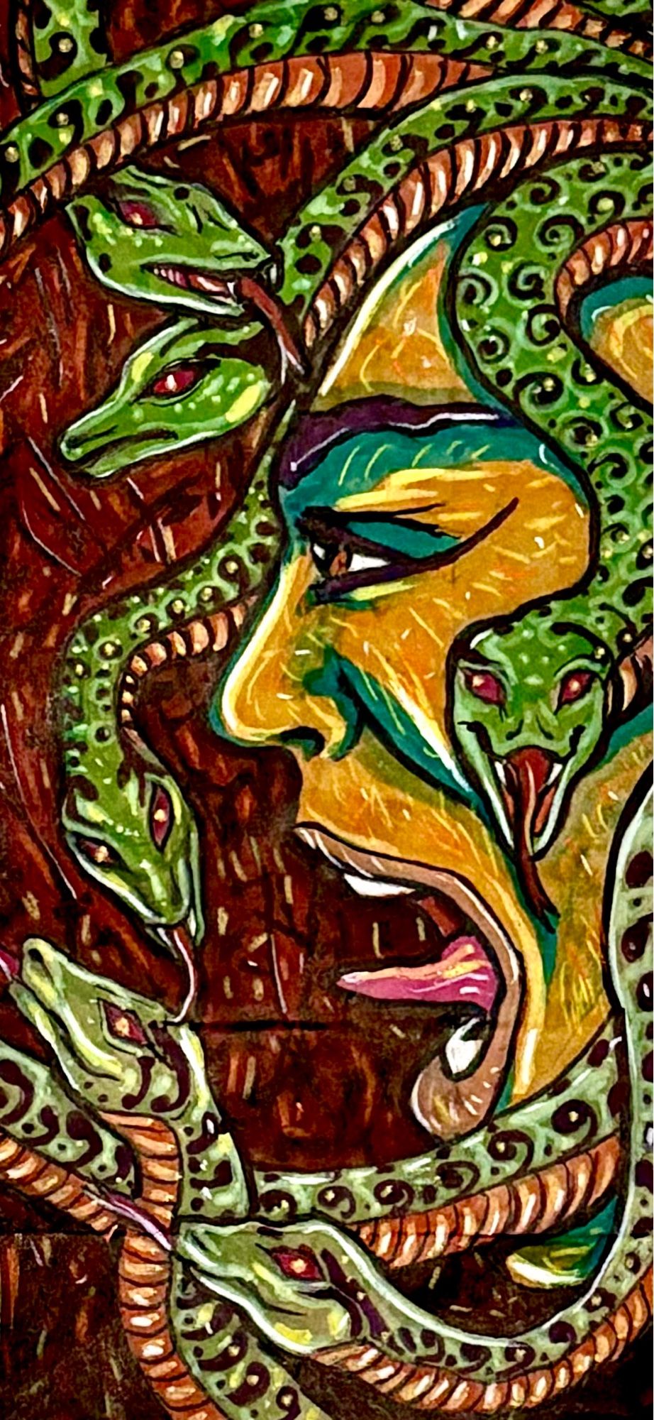 Left profile of Medusa screaming with a head full of green snakes illustrated on a brown paper bag