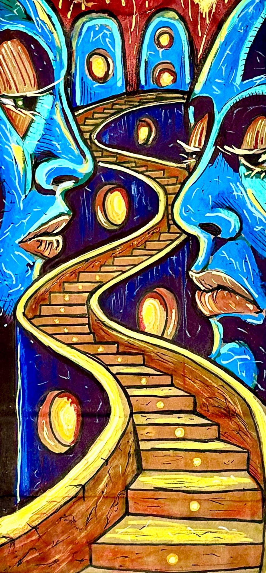 Illustration of a curvy yellow staircase between two blue towering faces on a brown paper bag