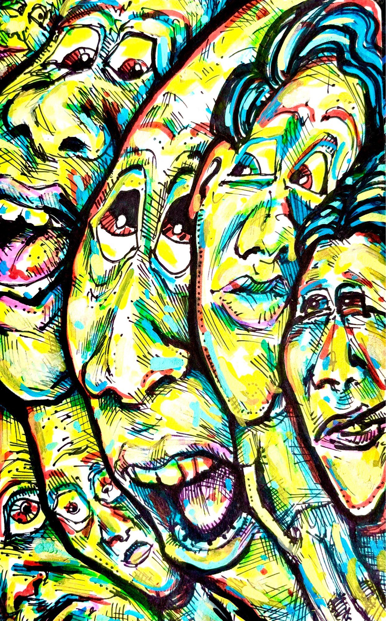 Sketchbook Illustration of distorted faces drawn with pen and ink and color r with blue and yellow highlighters and a bunch of other colors.