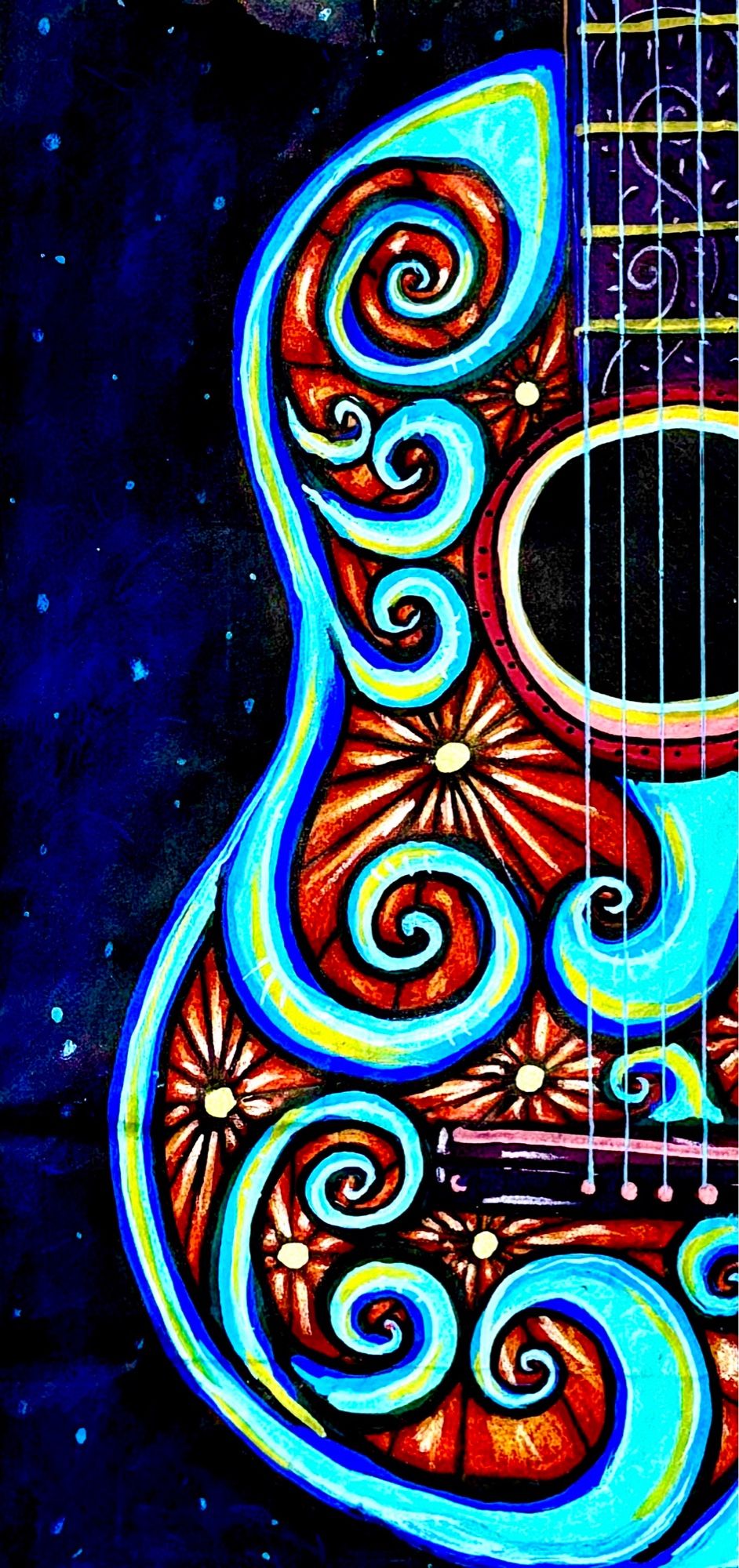 Illustration on a brown paper bag of an acoustic guitar with blue swirls and and orange starbursts over a space background