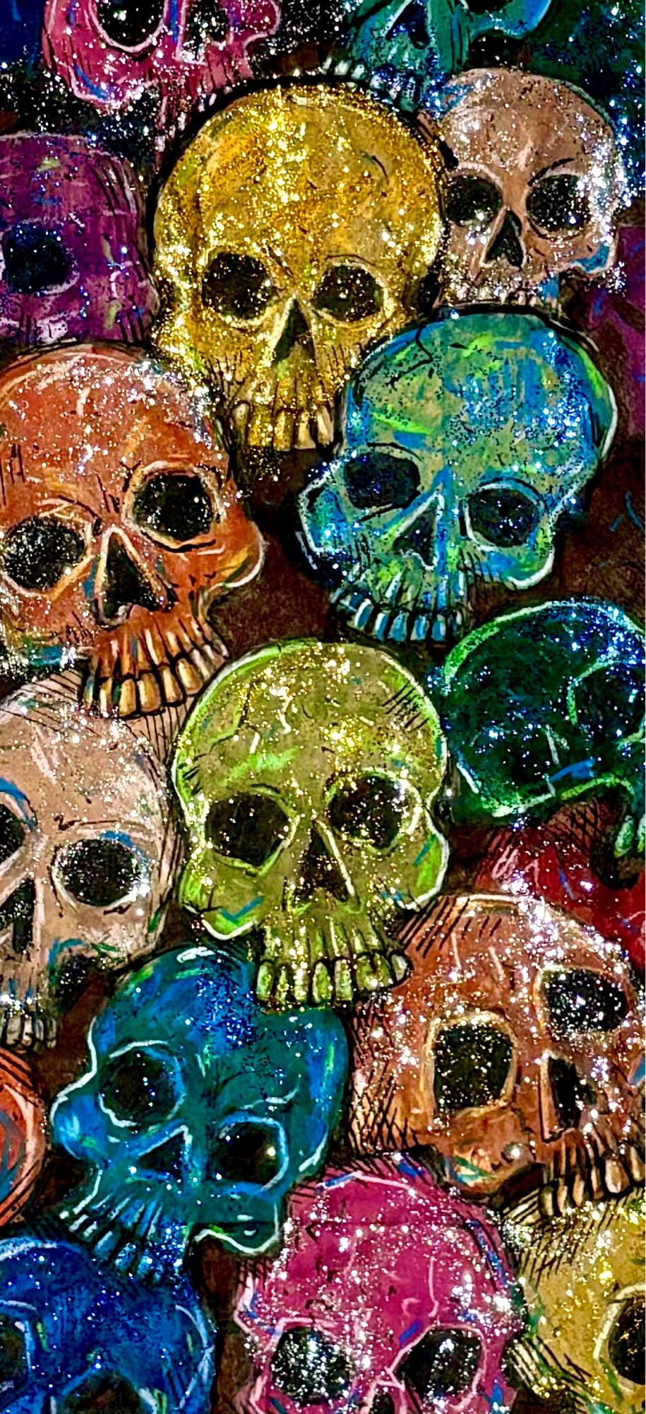 Illustration of different colored skulls stacked on top of one another on a brown paper bag