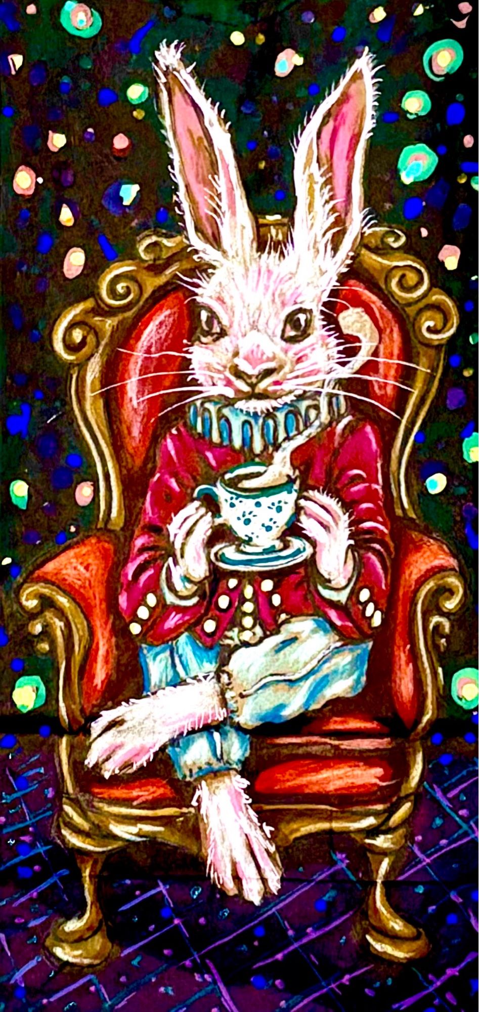 Illustration of the white rabbit from Alice in wonderland having tea in a fancy chair