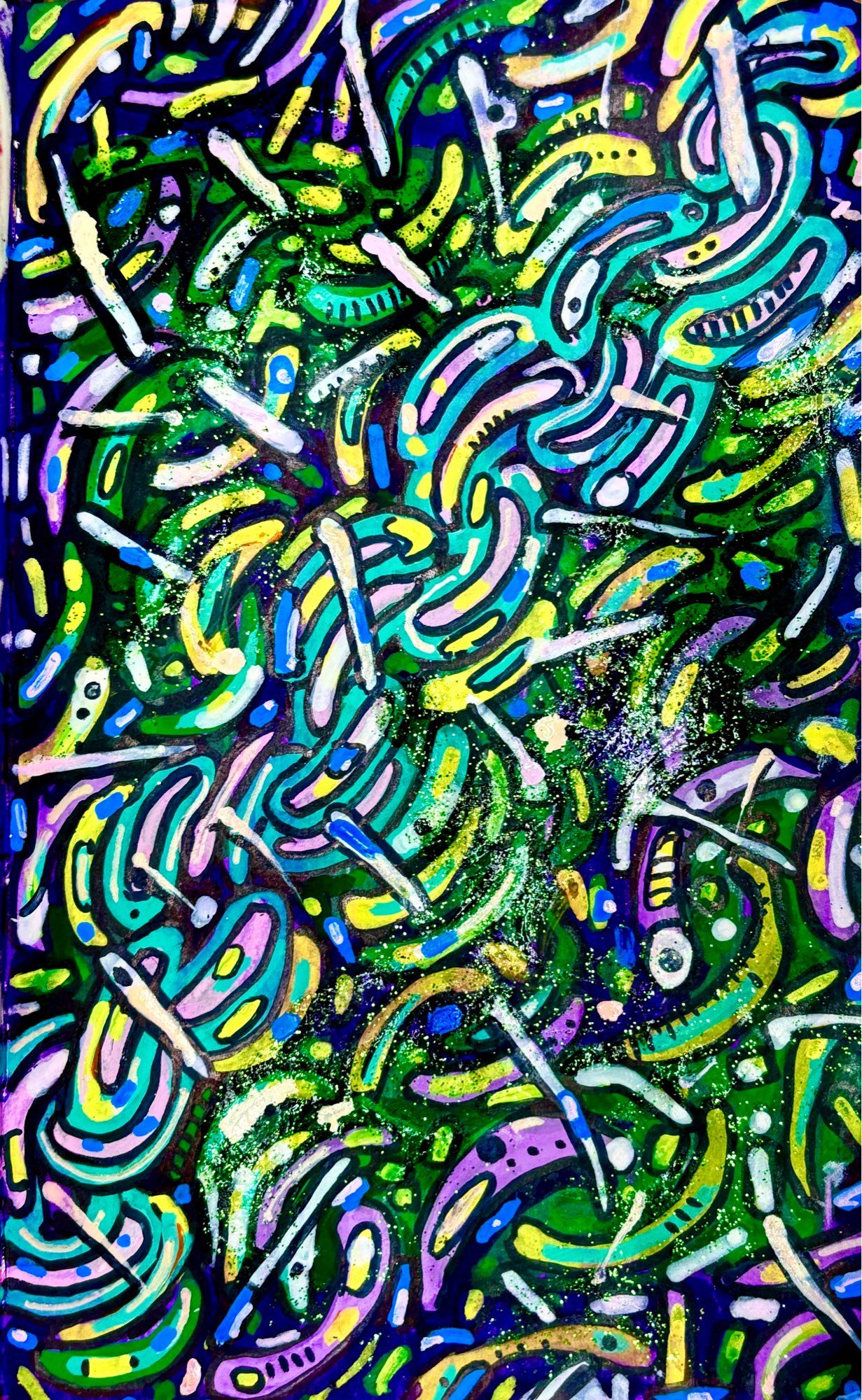 Abstract sketchbook drawing of curved lines repeating like rope in green purple blue and yellow