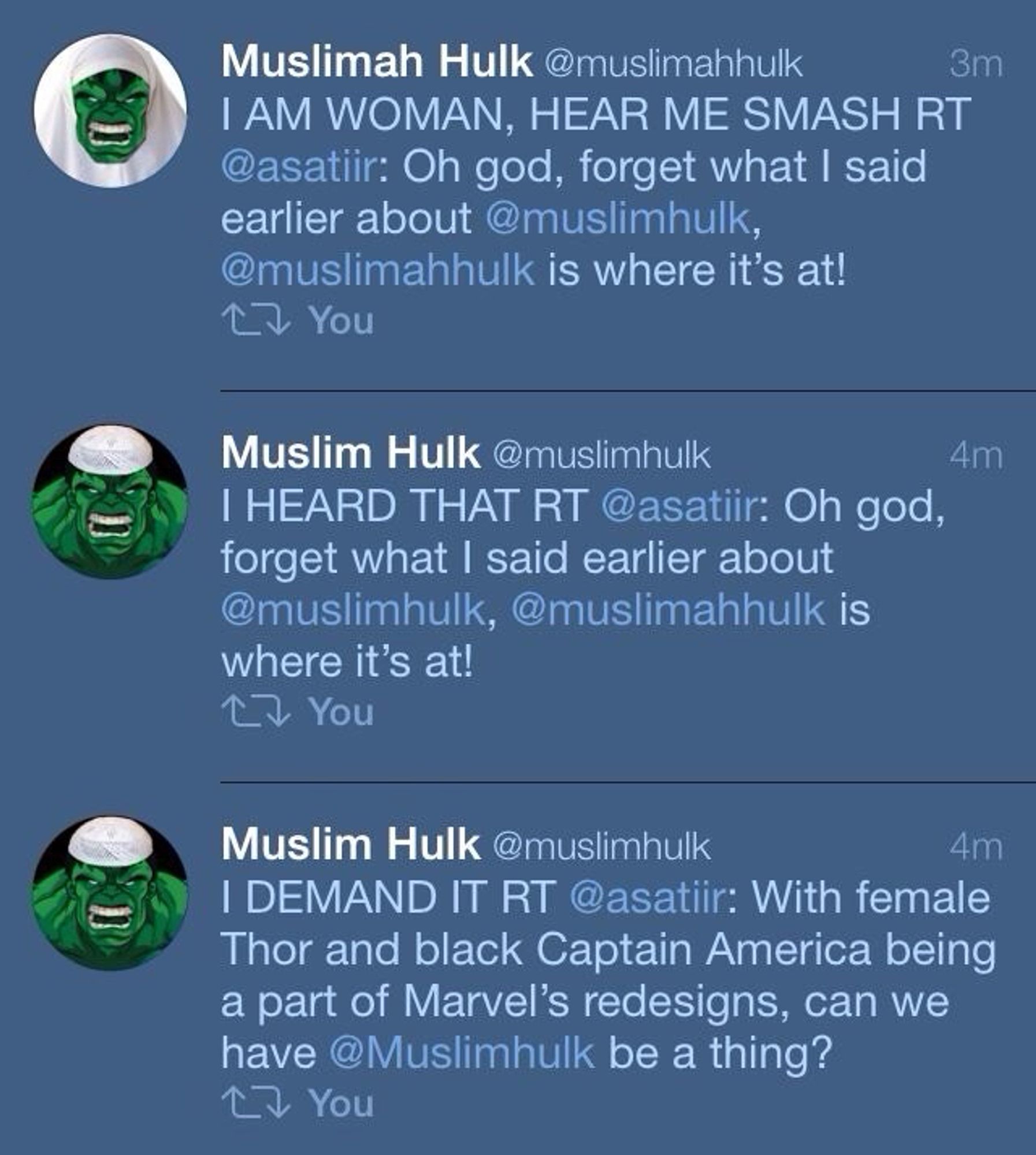 Retweets with two parody accounts "Muslim Hulk" and "Muslimah Hulk" about having new reboots involving them