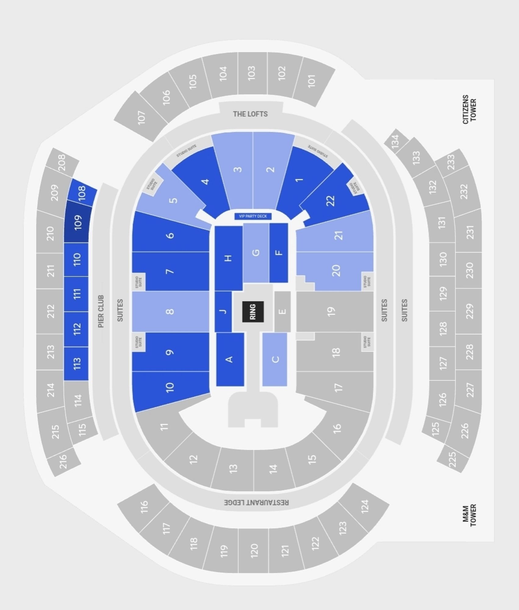 Seat map of the Prudential Center in Newark, NJ