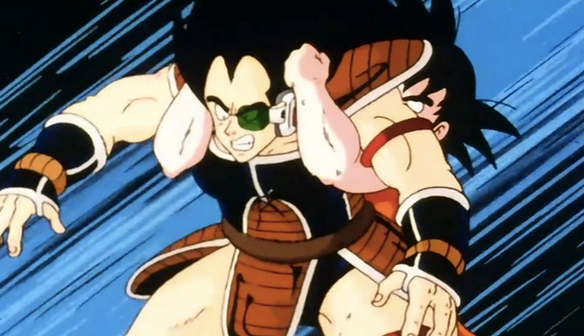 Beginning of Dragon Ball Z where Goku is holding Raditz so he can get hit with Piccolo's Makankosappo