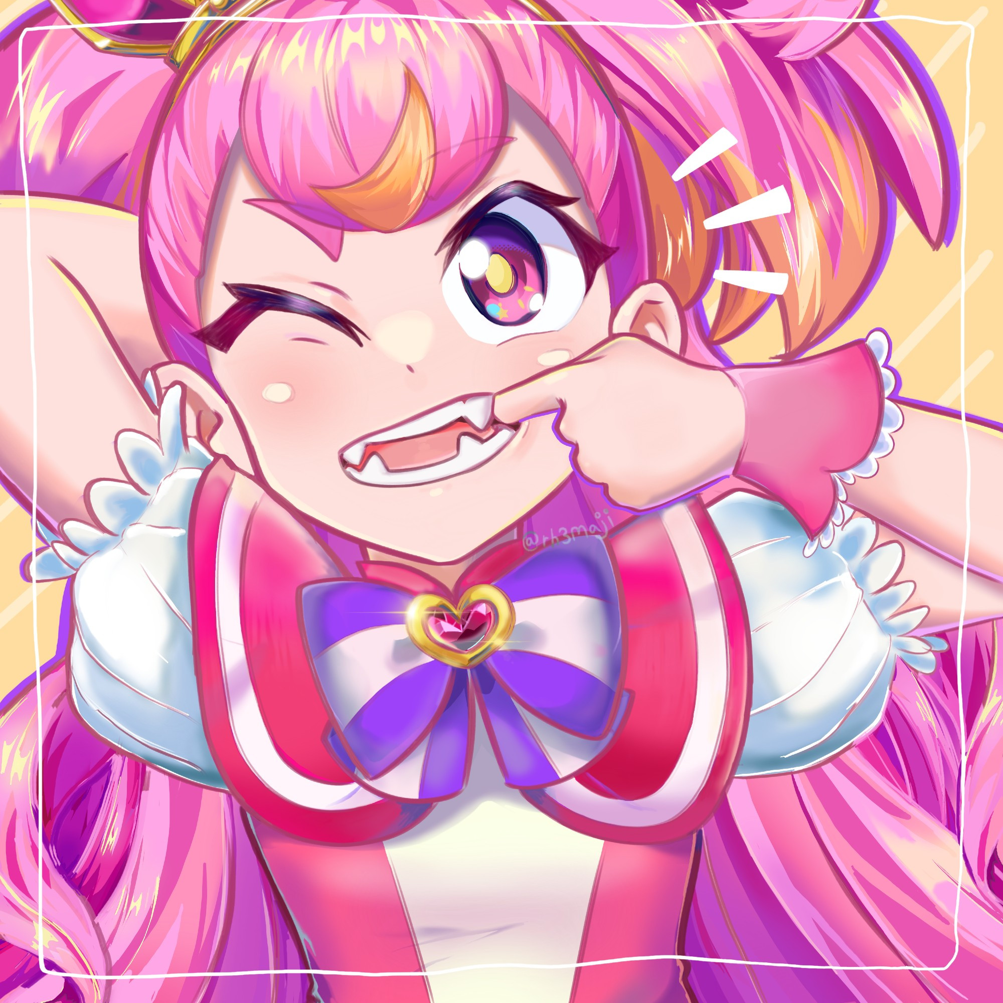 Digital anime drawing of Cure Wonderful from Wonderful Precure smiling whilst pulling her cheek to show off her canine teeth. Cure Wonderful's hair is pink with light yellow ends and is mainly worn down with small amounts pulled into twintails that resemble her dog ears. Her large curled lock is light yellow. On the right side of her head is a puffy magenta and gold crown with a little magenta on the top of crown with a gold trim on the right side attached to a gold headband. Her butterfly-shaped earrings are gold, and her eyes turn purple, pink, and light blue with light yellow pupils. Her outfit consists of a magenta collar with a white stripe that has a purple bow with very light pink stripes attached to it. On her bow is a magenta heart with a gold trim. Her puffy sleeves are white, and her cuffs are pink with scalloped yellow frills.