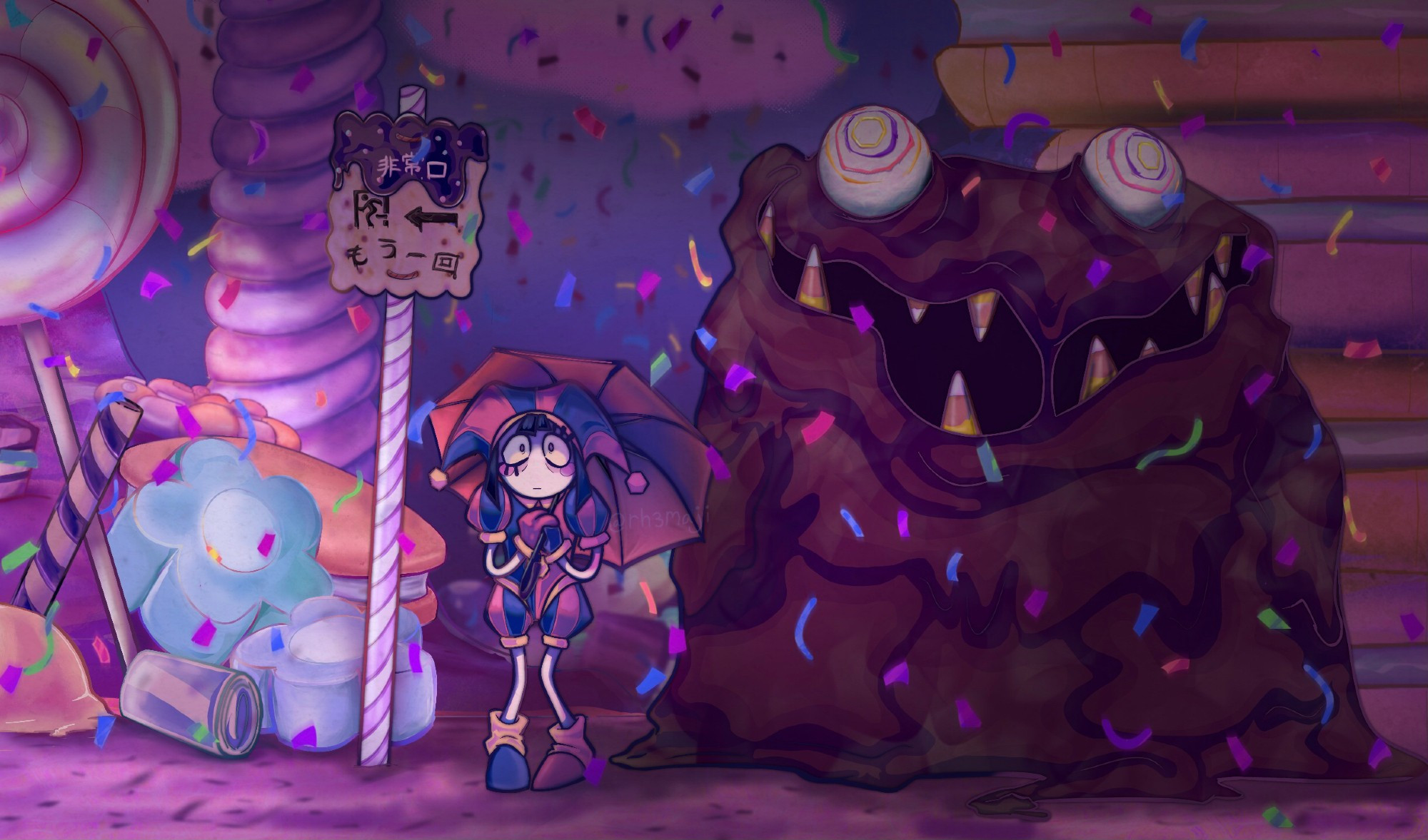 Cartoon drawing. From left to right: a bus stop sign, a jester ( Pomni ), and a chocolate monster with jaw breakers for eyes and candy-corn for teeth,  ( named The Fudge ) stand next to eachother at night as it rains multicolored confetti around them. The bus stop's sign's pole is made of a pink and white striped candy cane, with the sign itself made of a chocolate dipped cookie with letter shaped sprinkles that read "Emergency Exit, once again" in Japanese. Pomni bears a terrified expression and tightly grips an opened red umbrella, The Fudge wears a blank stare and wide smile. Behind the sign is an assortment of giant sweets : a scoop of slightly melted orange icecream, a cookie stick, a big pink and white swirled lolipop, two pastel blue and green flower shaped marshmallows, a gummy flower, and multicolored hard candies. This digital art is a parody piece of the rainy bus stop scene from the film My Neighbor Totoro.