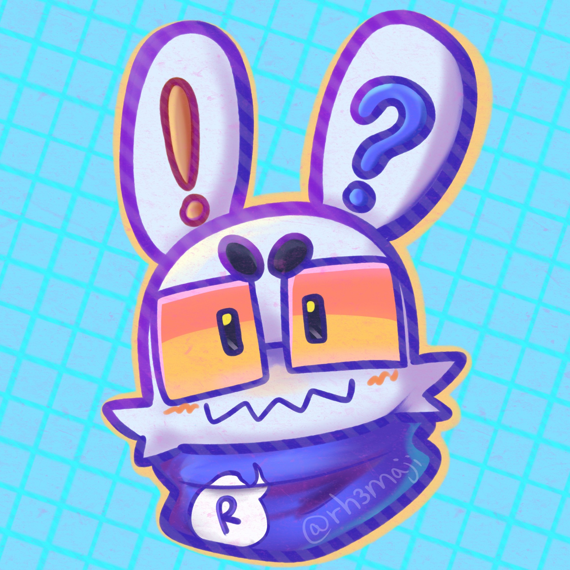 drawing of a white cutesy cartoon rabbit with large eyebrows wearing a blue scarf and glasses with square-shaped orange lenses. On the rabbit's right ear is an orange exclamation mark, while on his left is a blue question mark. The design on the scarf is a single speech bubble with the letter " R " on it.