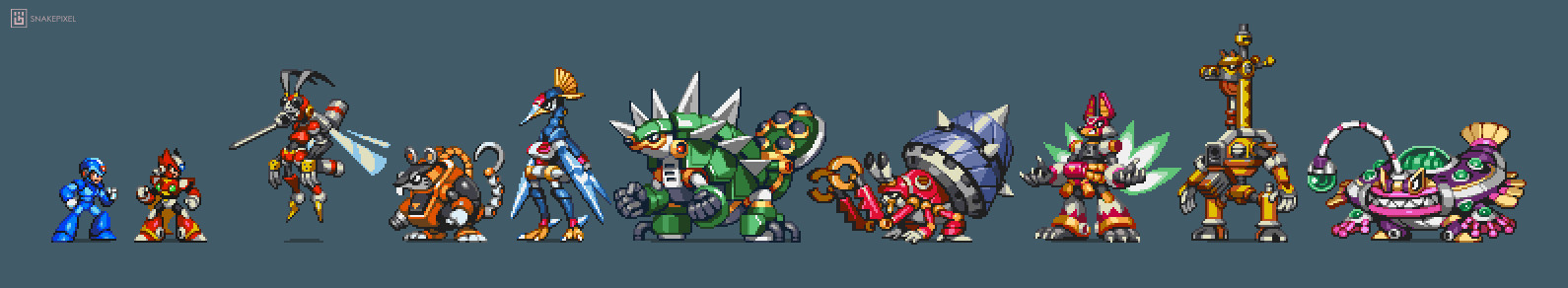 Megaman X bosses in a horizontal lineup