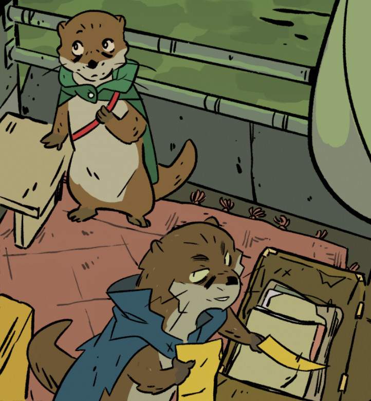 crop of a comic panel of two otters in cloaks, standing in a boat.