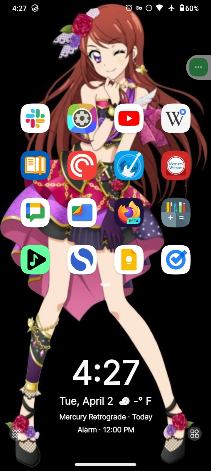 "Smart Launcher 6" with colorful icons and a clock, calendar, weather, and alarm widget in the foreground. Ran Shibuki of Aikatsu! is in the background.