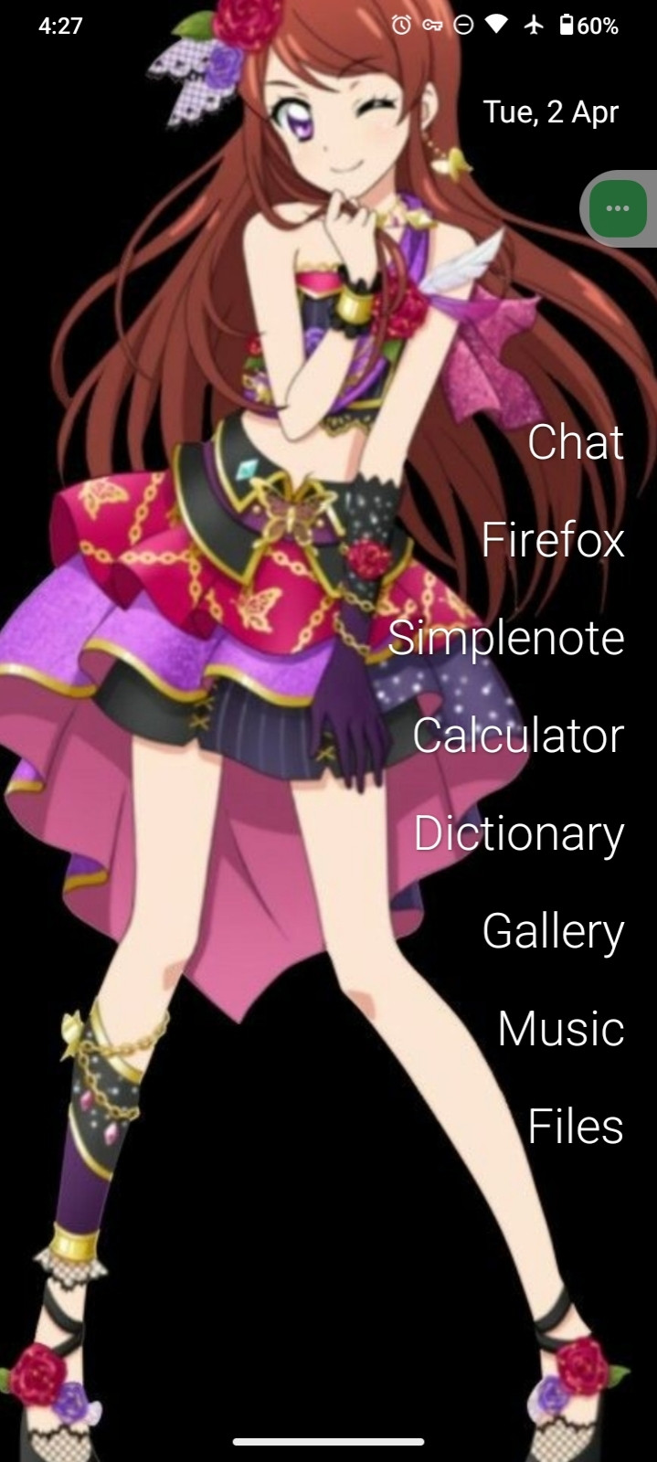 "Olauncher" with only eight apps listed in plain text with a thin font in the foreground, as well as the date in smaller text towards the top. Ran Shibuki of Aikatsu! is in the background.