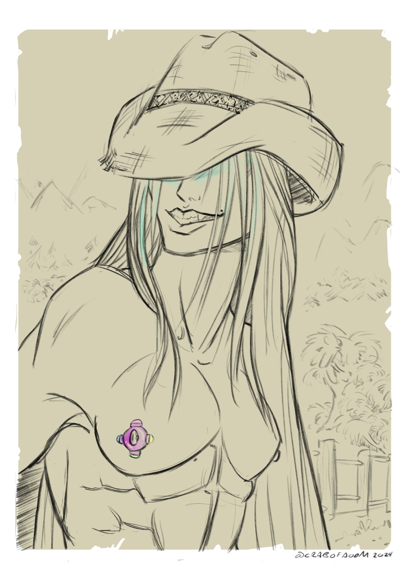 Sketch sepia 'photo' of my Stardew Valley farmer, Safay, who is an alternate universe Sephiroth escaping from Joja/Shinra by hiding out in the countryside. He farms topless, wearing just his iridium band as a pierced nipple shield, and a battered woven cowboy hat. The hat is covering his eyes and his bangs cover most of his face, except for a sharp-toothed smile. His long hair drapes around him. Post's lyrics are from My Baracuda, by Jimmy Buffett.