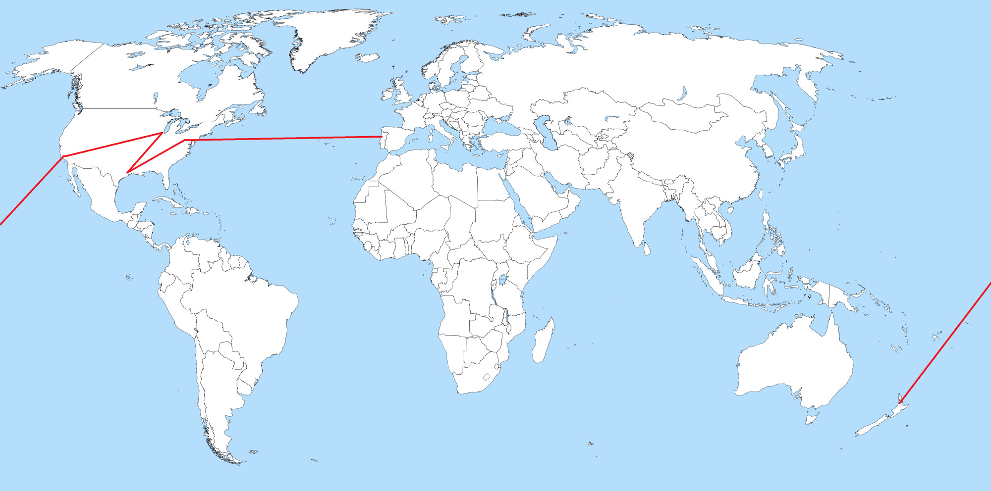 World map with route marked from Lisbon to Newark to Houston to Chicago to Los Angeles to Auckland.