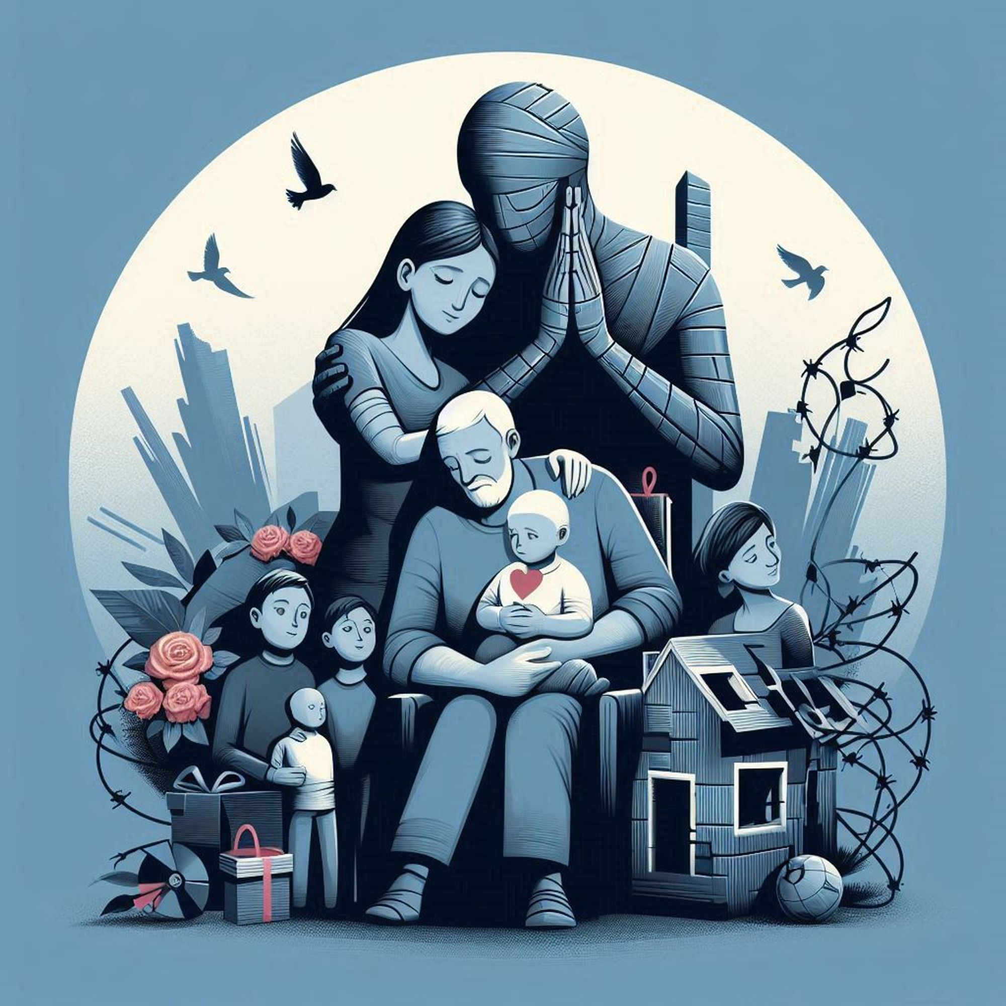 Illustration of a family sitting together with a backdrop of industrial elements. The image features an adult holding a baby, with another child leaning on the adult's shoulder. Behind them, there is a figure wearing a hat and mask that appears to be made of wires or tubes, suggesting a robotic or industrial theme. Surrounding the family are flowers, a small house model, and factory-like structures with smokestacks in the background. The color scheme is monochromatic blue, creating a cohesive and stylized look.