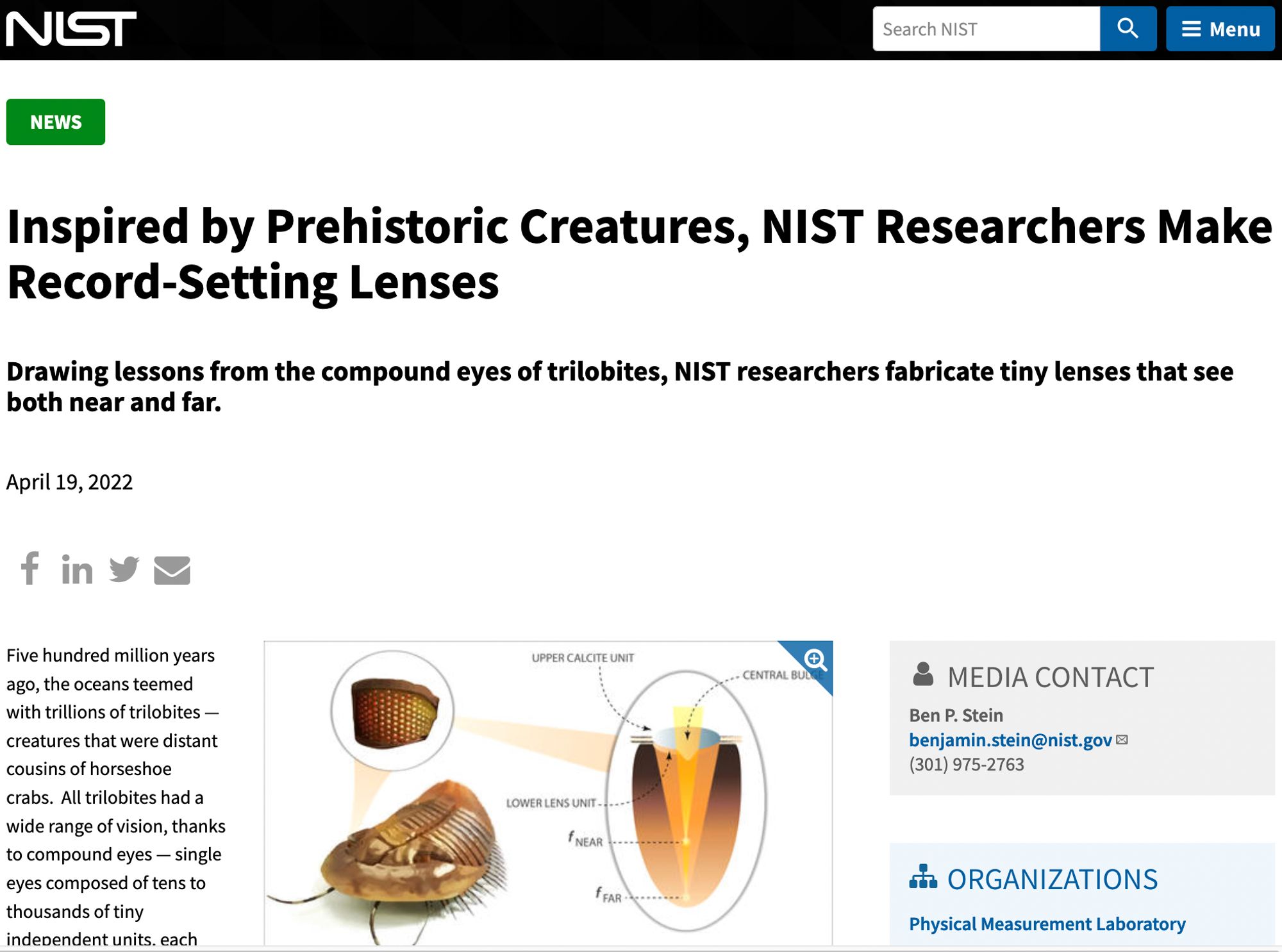 The NIST press release describing the use of trilobite eyes as a guide to developing large depth-of-field lenses.
