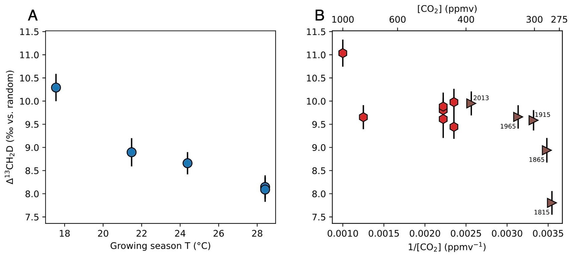 Plots showing the effect of growing season temperature and atmospheric CO2 concentration (greenhouse and natural) on a particular clumped isotope signal in the tree's lignin. This and similar data, combined with modelling, allows the measured clumped isotopes to constrain plant stress and biomass production.
From Lloyd et al (2023) PNAS; https://doi.org/10.1073/pnas.2306736120
