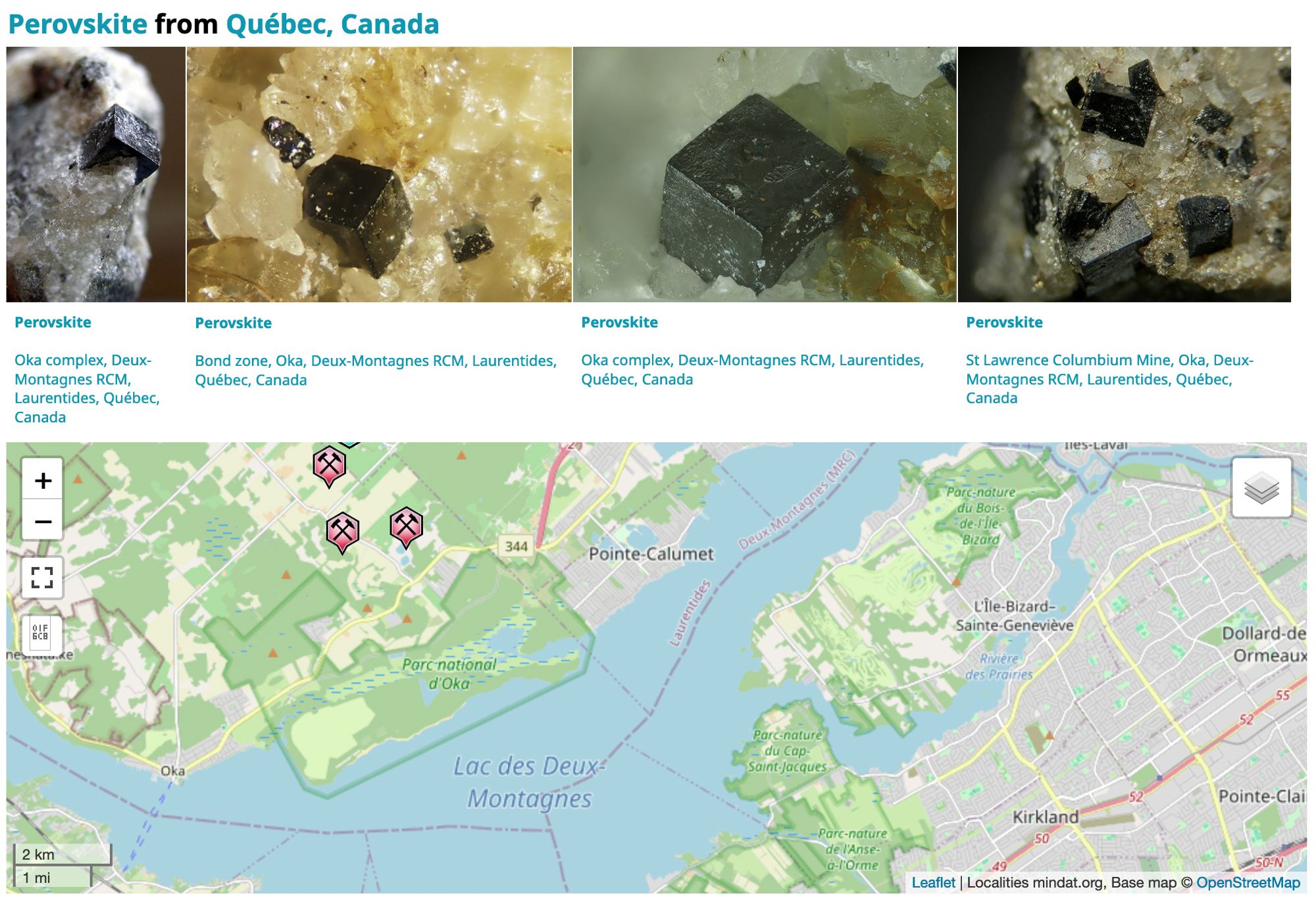 A screenshot of the MinDat page on Perovskite found at Oka, in Quebec. The top row are images of cubic perovskite in a mostly calcite matix. Below is a map.