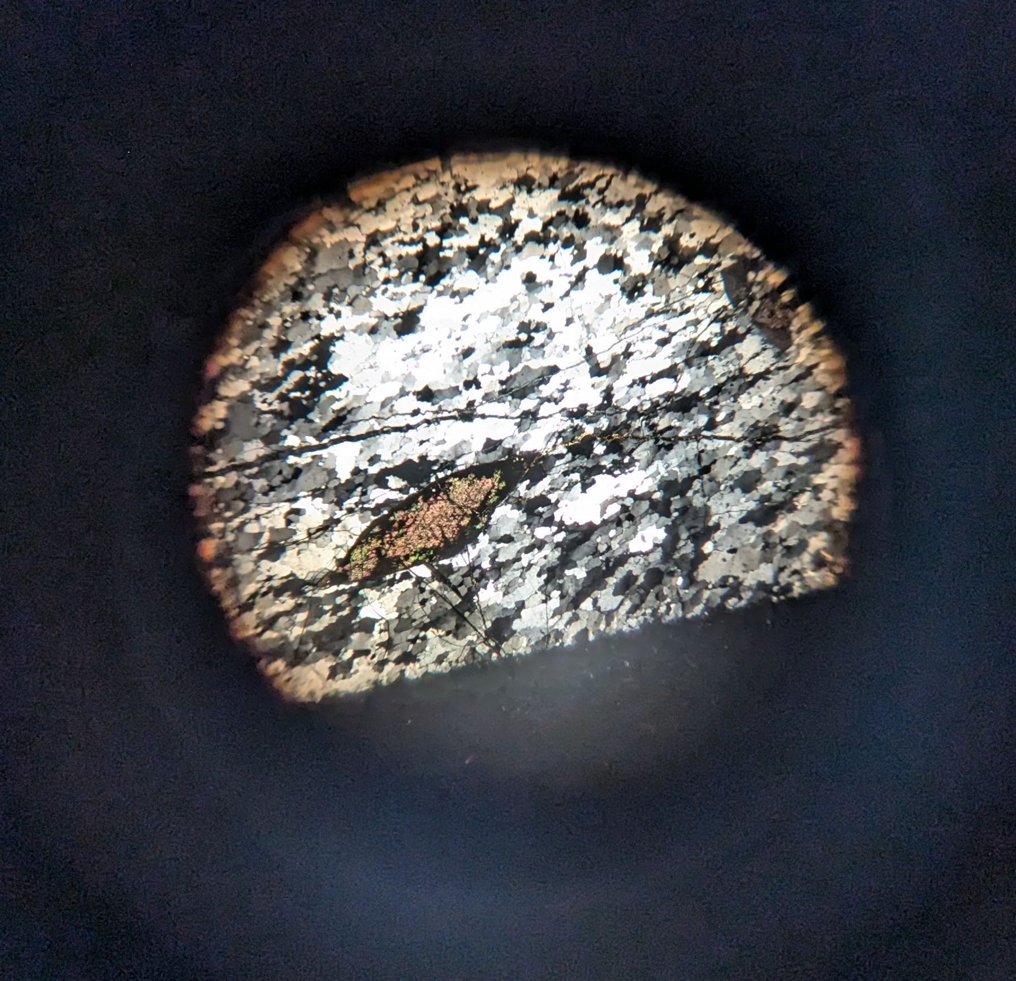 A view through a microscope eyepiece of a titanite crystal surrounded by quartz and feldspar. Crossed polars.
