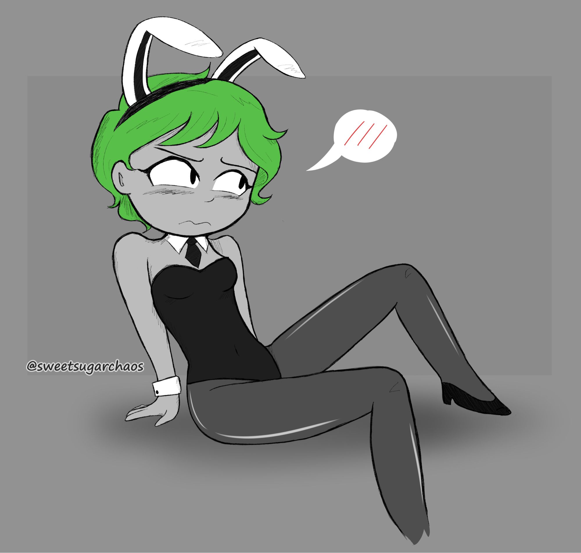 fullbody mostly monochrome drawing of my OC Em in a bunny suit. She is looking away embarrased. The only color is the bright green of her hair.