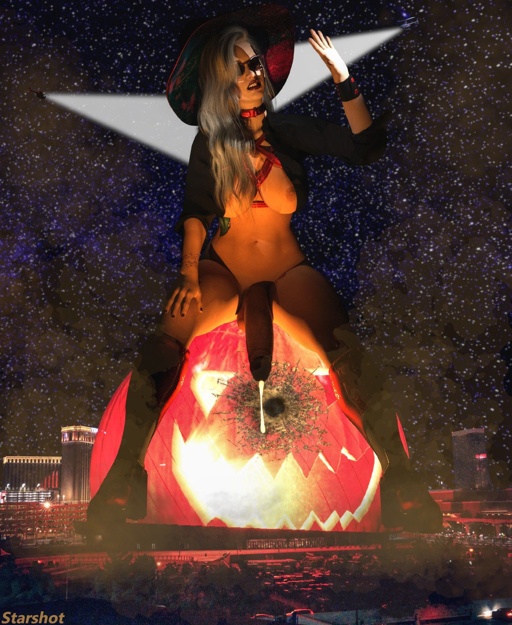 DiDi Star, dressed in a very revealing witch outfit, sits atop the vegas sphere at night, blinded by helicopter search lights. Her cock droops over the side of the sphere which is lit up to look like a pumpkin. A large hole appears to be smashed in the face of the pumpkin, implying that DiDi stuck her penis in it at some point.