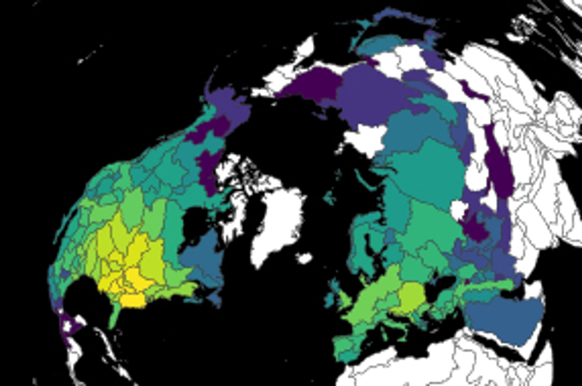 A map of the Northern Hemisphere highlighting ecoregions by their species richness in minnows.